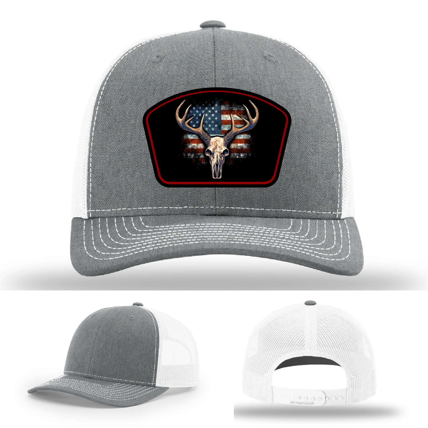 Hat logo variants with patriotic deer skull – American flag patch artwork shown