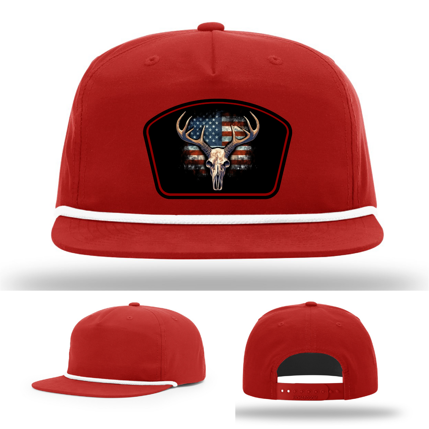 Deer skull American flag patch styles – seen on different Richardson hat layouts