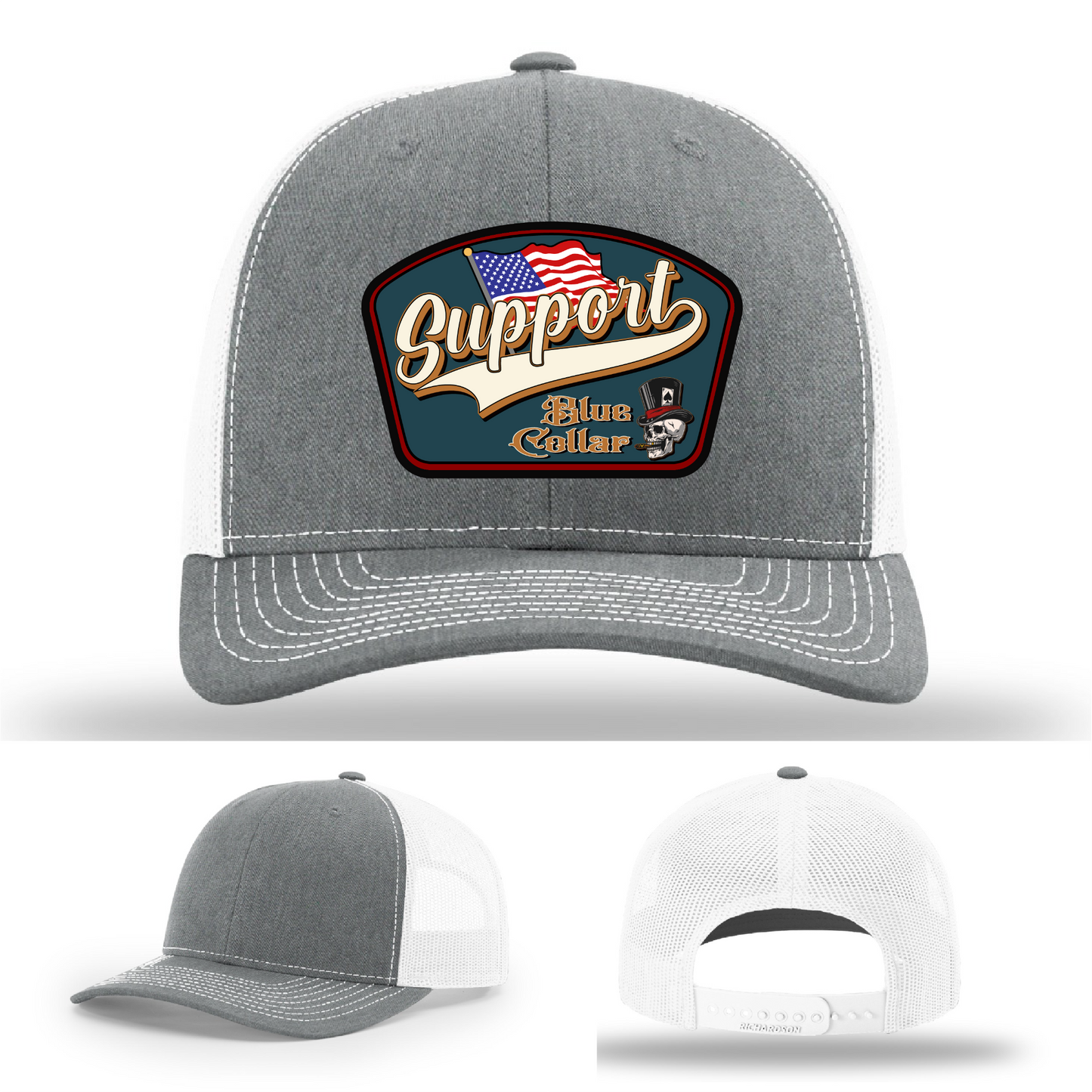 Richardson leather patch hat with 'Support Blue Collar' American flag design