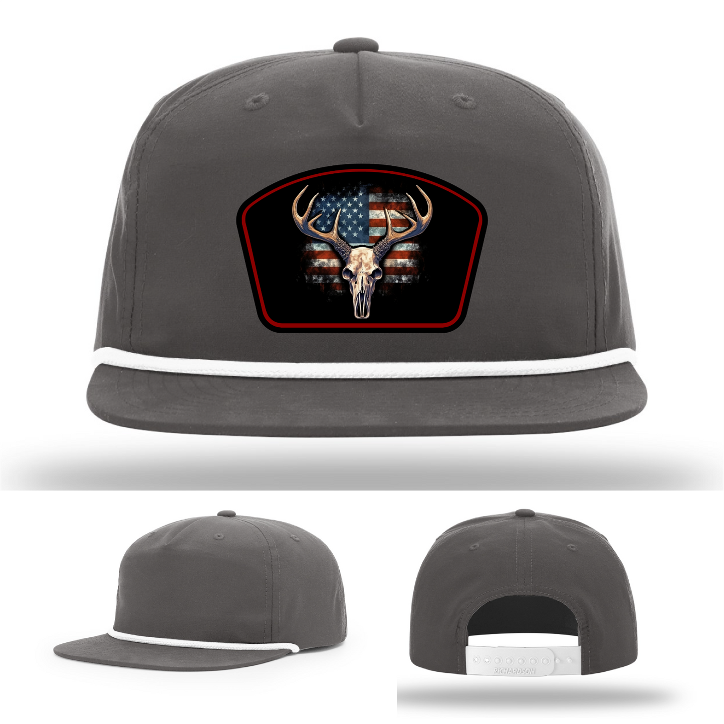Patriotic antler skull patch variants – bold flag-themed hat logo collection
