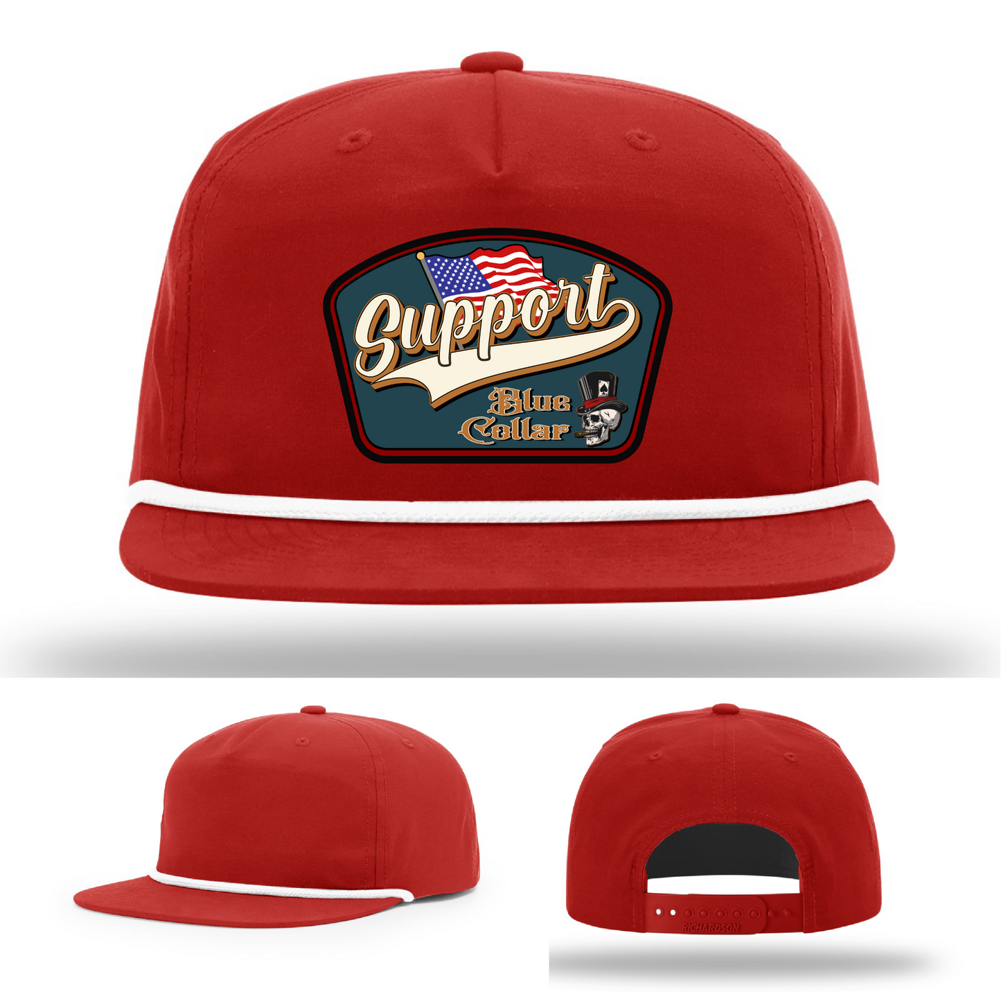 Richardson leather patch hat with 'Support Blue Collar' American flag design