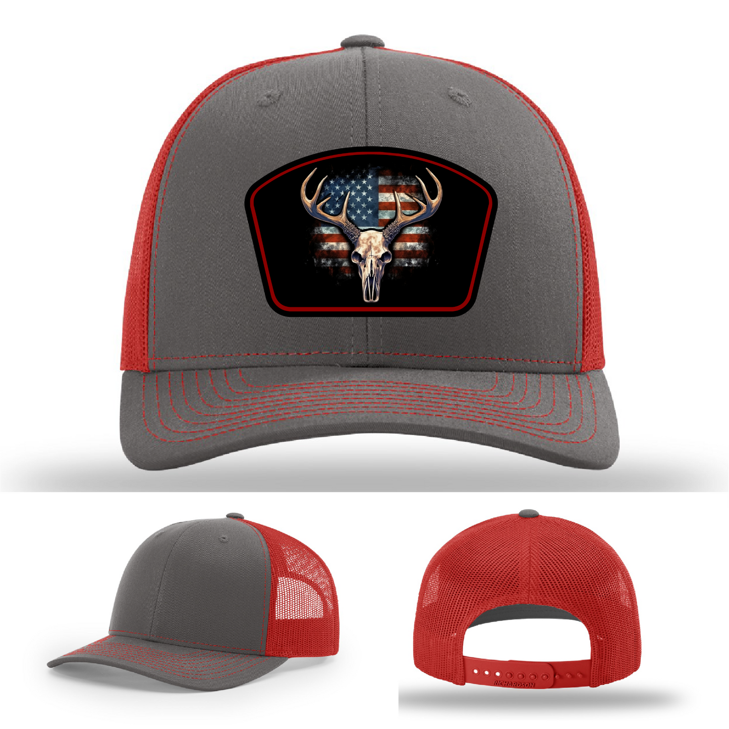 Buck skull logo designs – multiple American flag patch variants displayed on hats