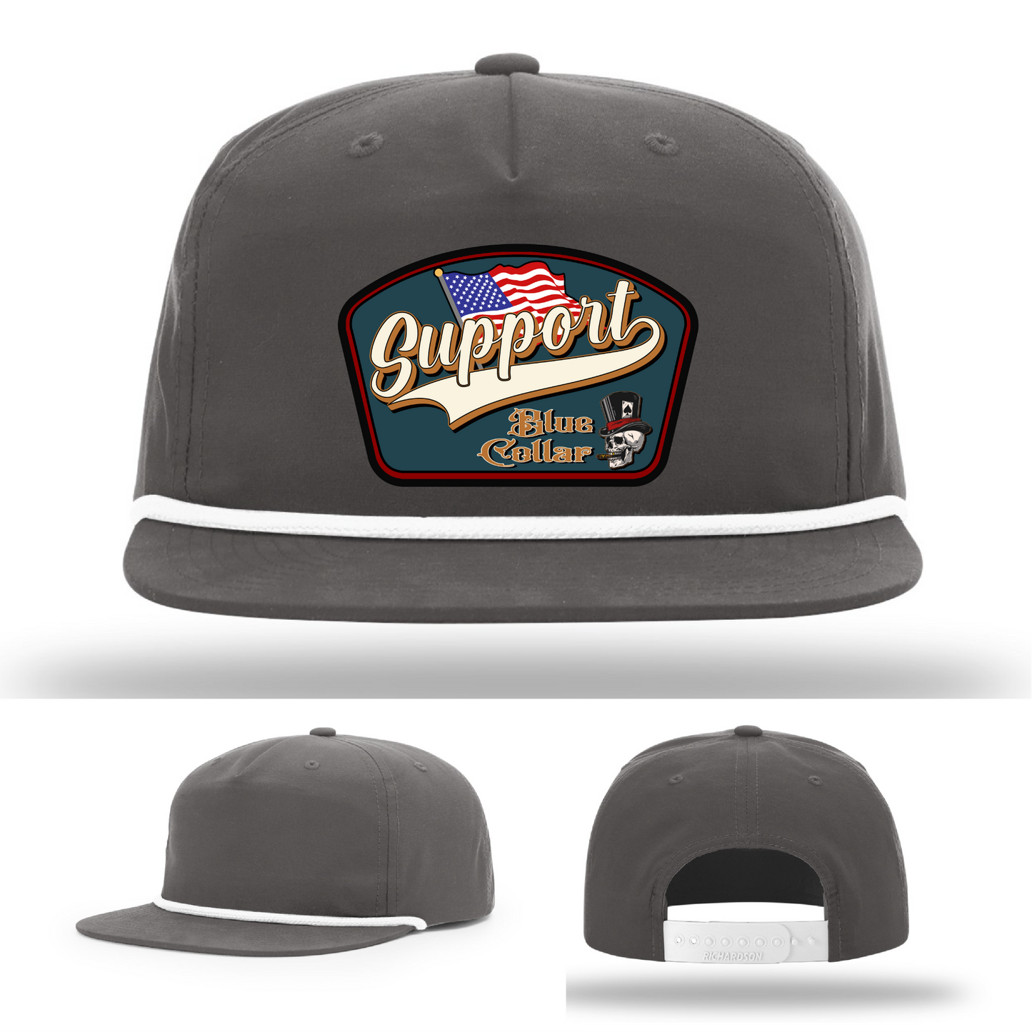 Richardson leather patch hat with 'Support Blue Collar' American flag design