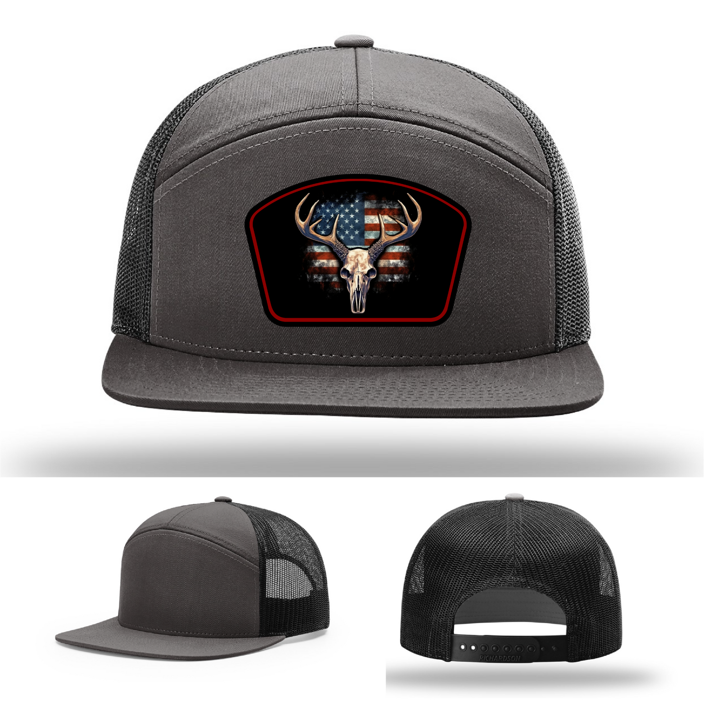 Richardson hat variants – American flag deer skull leather patch options shown