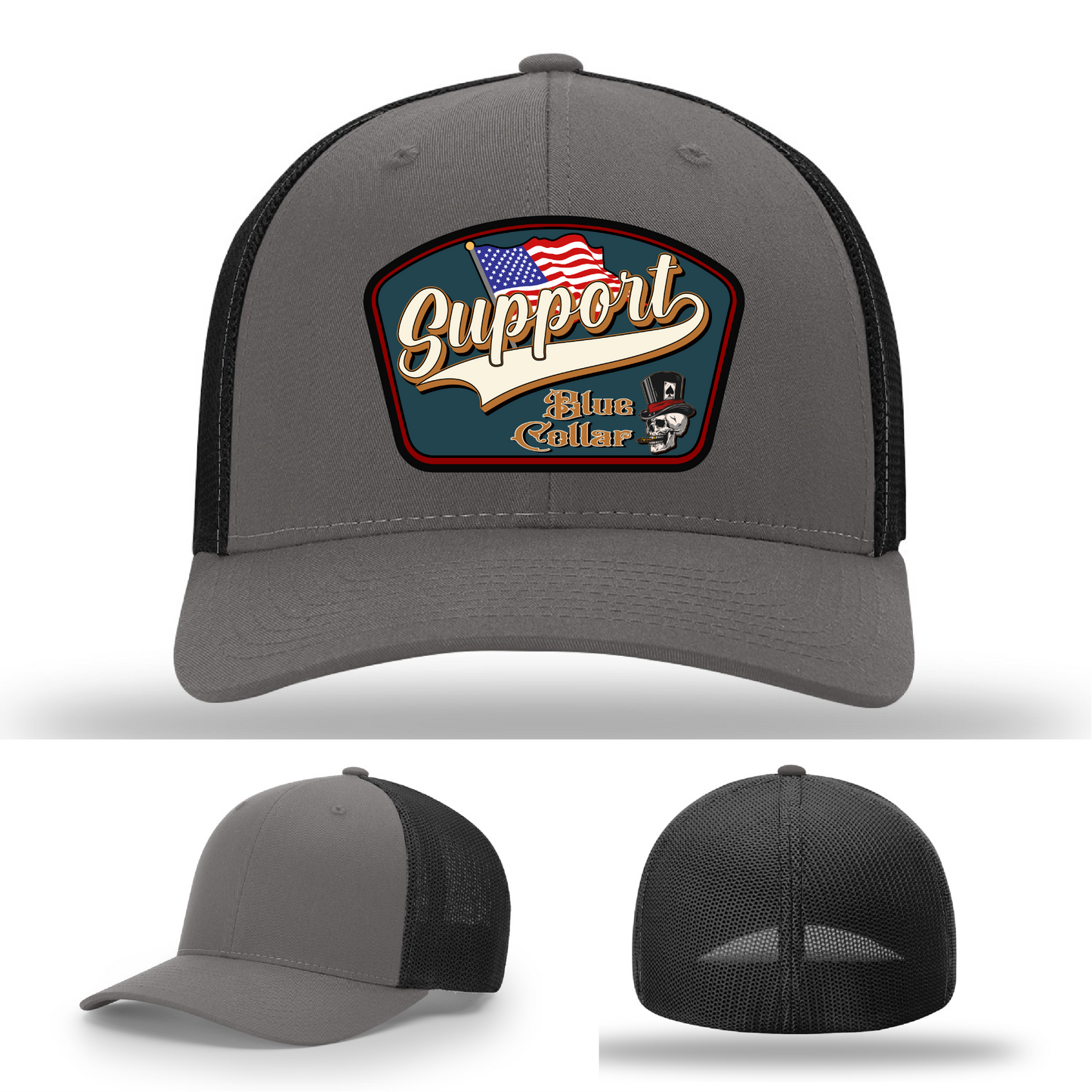 Richardson leather patch hat with 'Support Blue Collar' American flag design