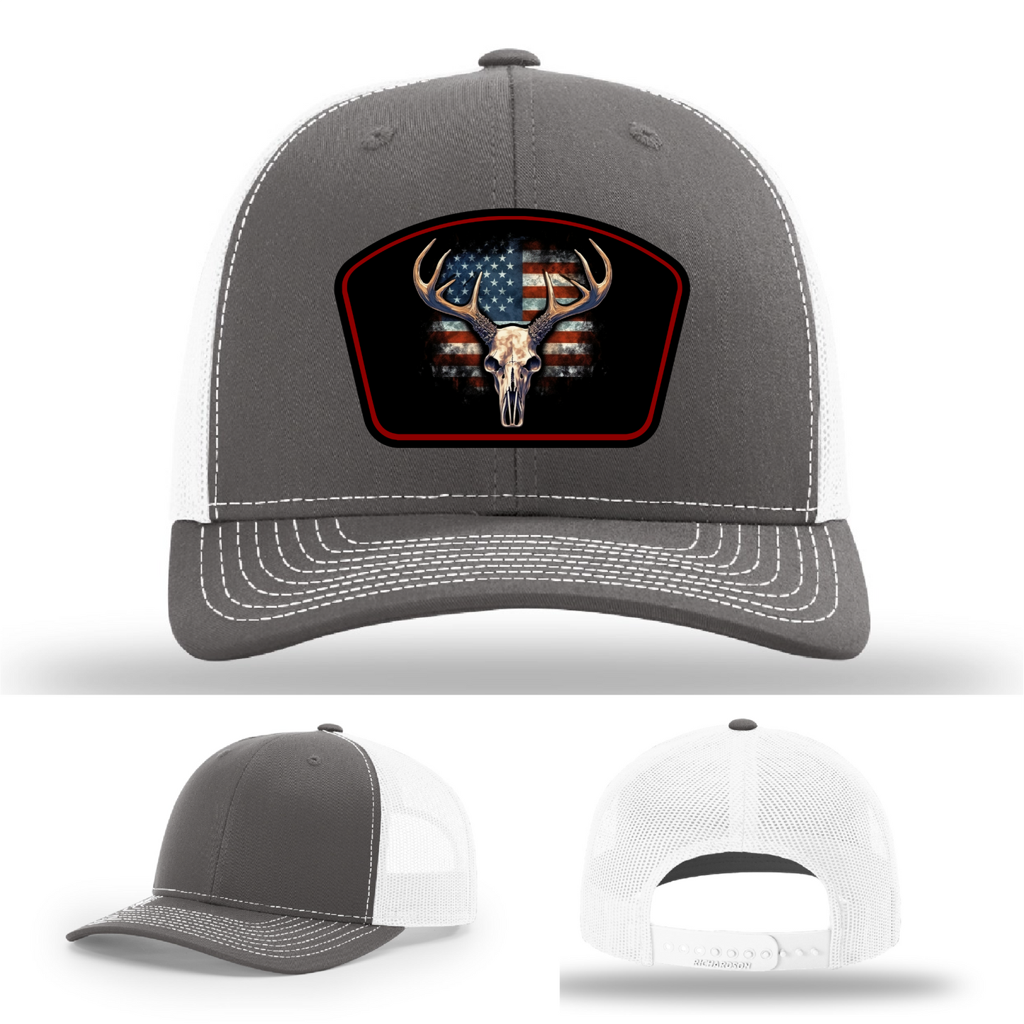 Custom buck skull logo designs – patriotic patch variants with flag background