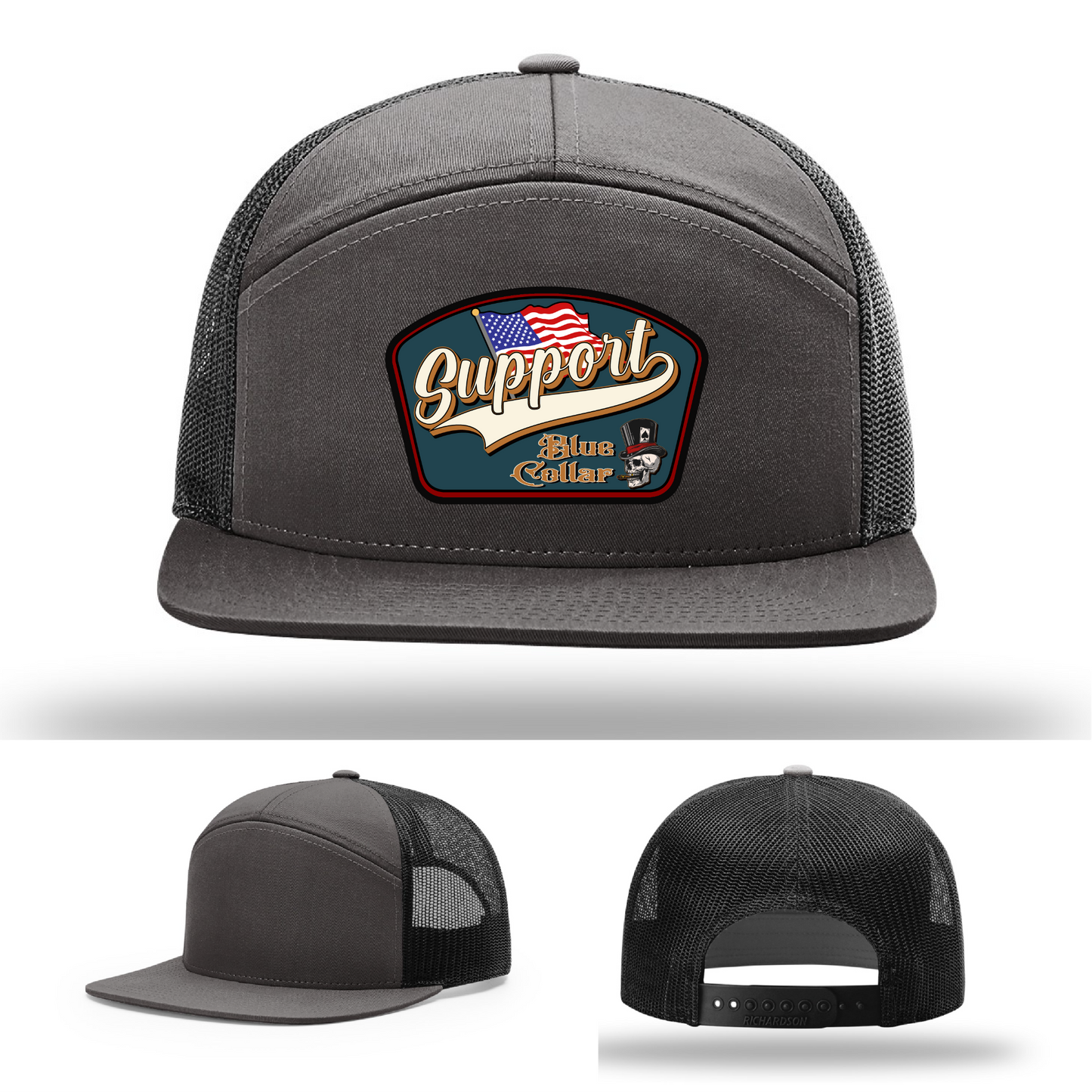 Richardson leather patch hat with 'Support Blue Collar' American flag design