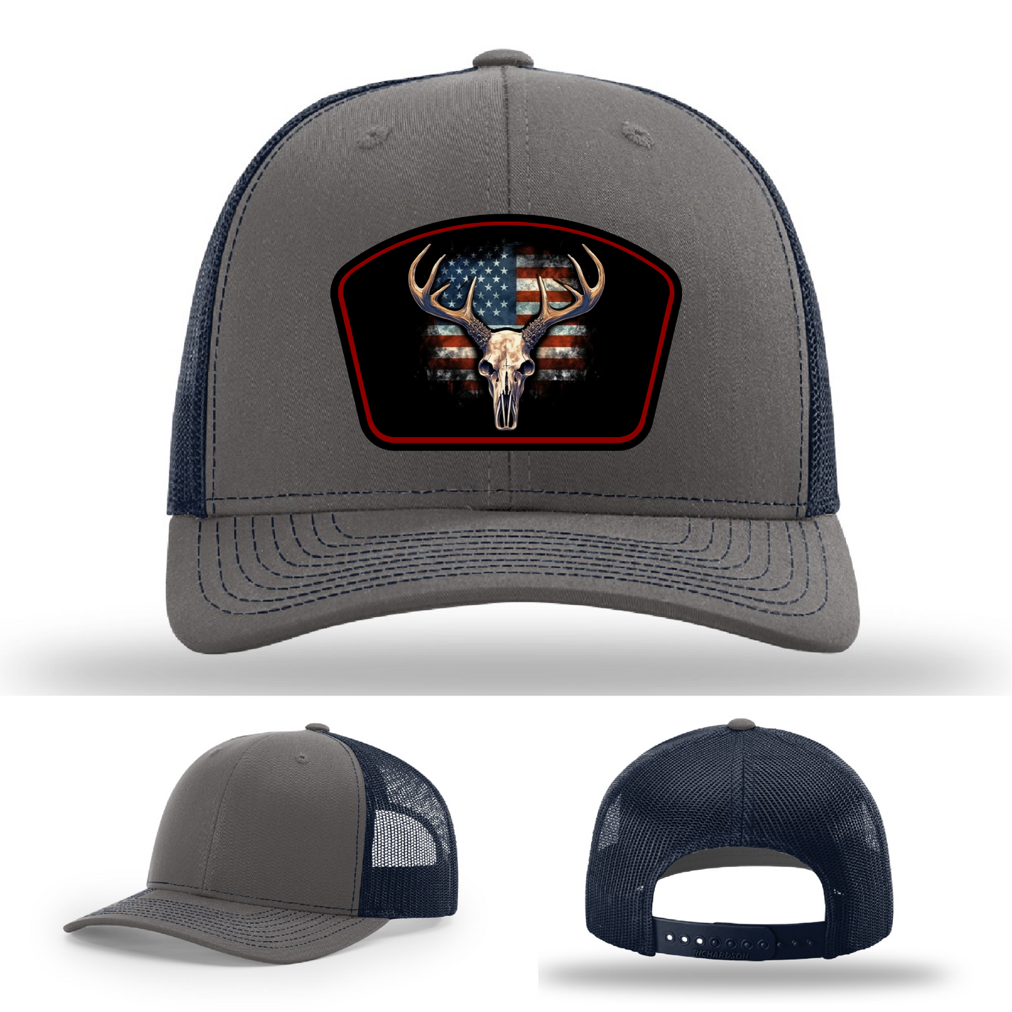 Richardson leather patch hat with deer skull and American flag design