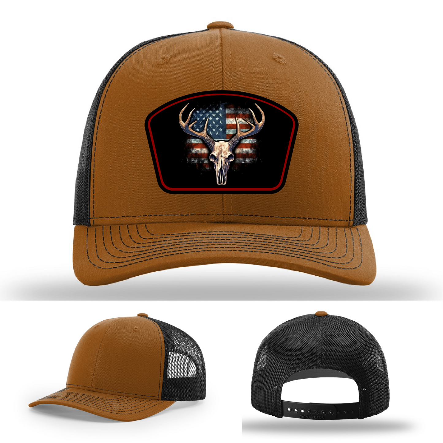 American buck skull hat patch options – leather designs with patriotic flag detail