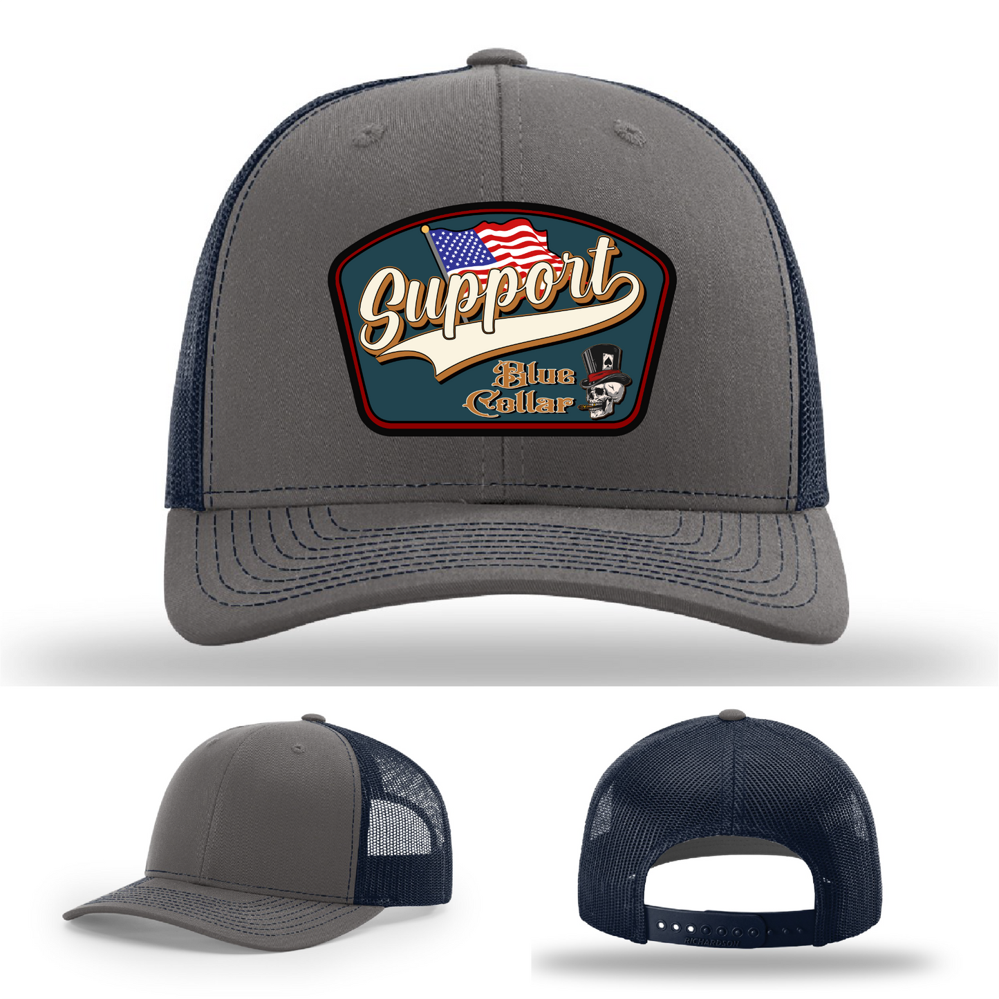 Richardson leather patch hat with 'Support Blue Collar' American flag design