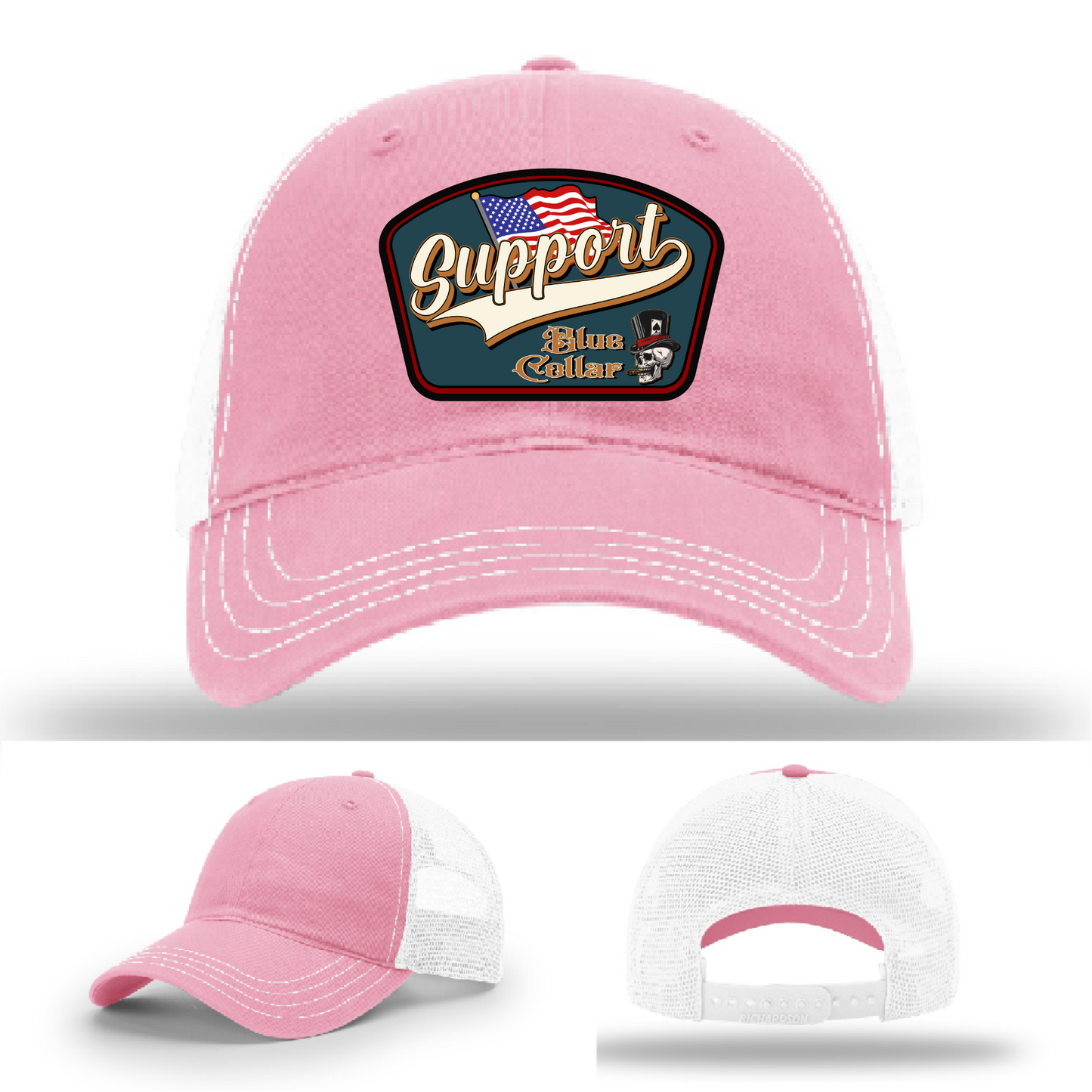 Richardson leather patch hat with 'Support Blue Collar' American flag design