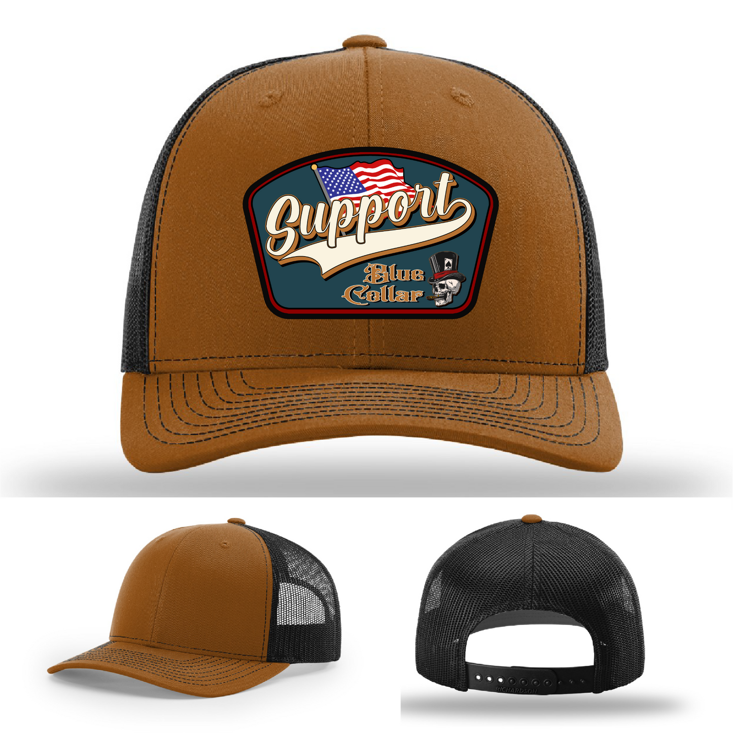 Richardson leather patch hat with 'Support Blue Collar' American flag design