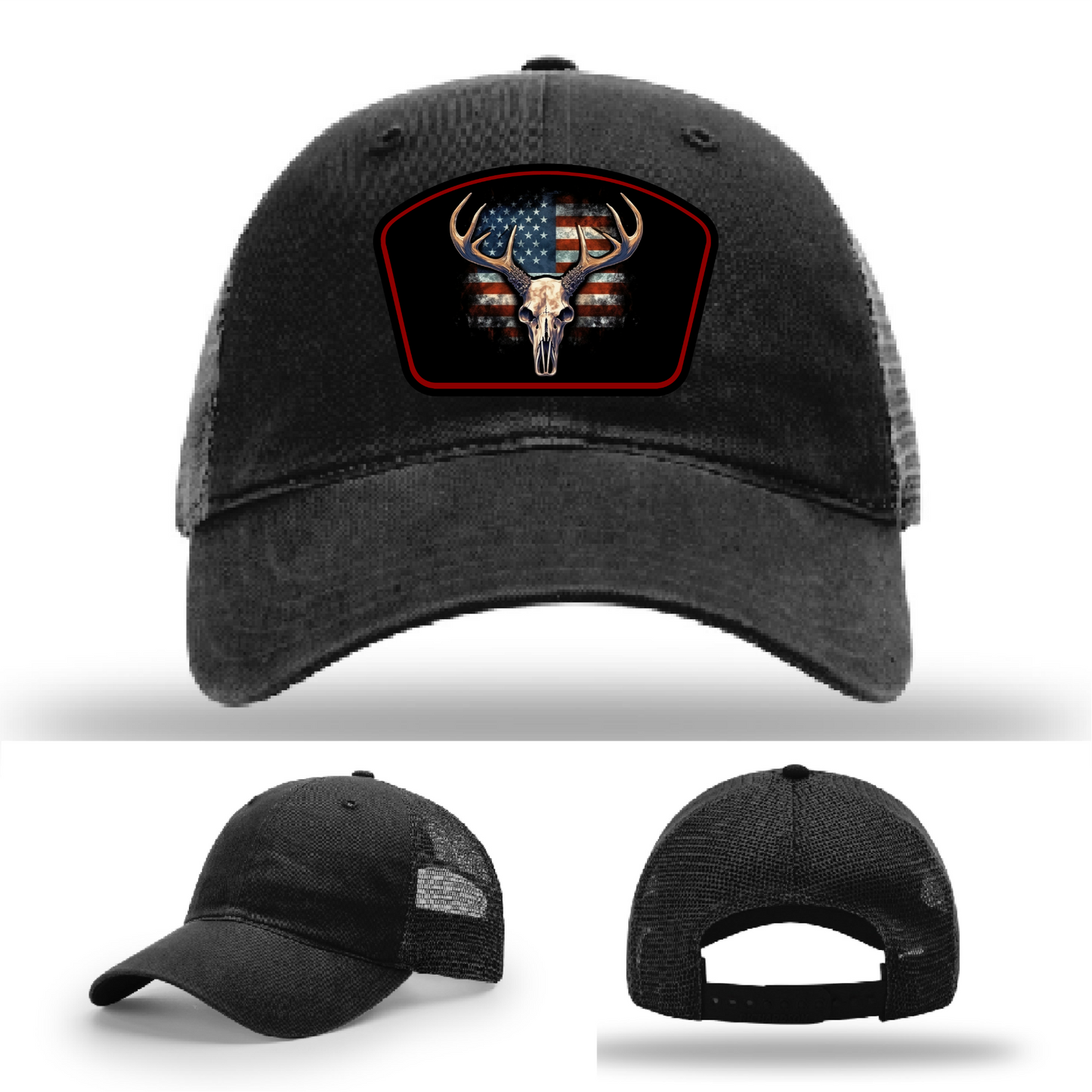 Multiple patriotic deer patch designs – displayed on buck skull Richardson hat variants