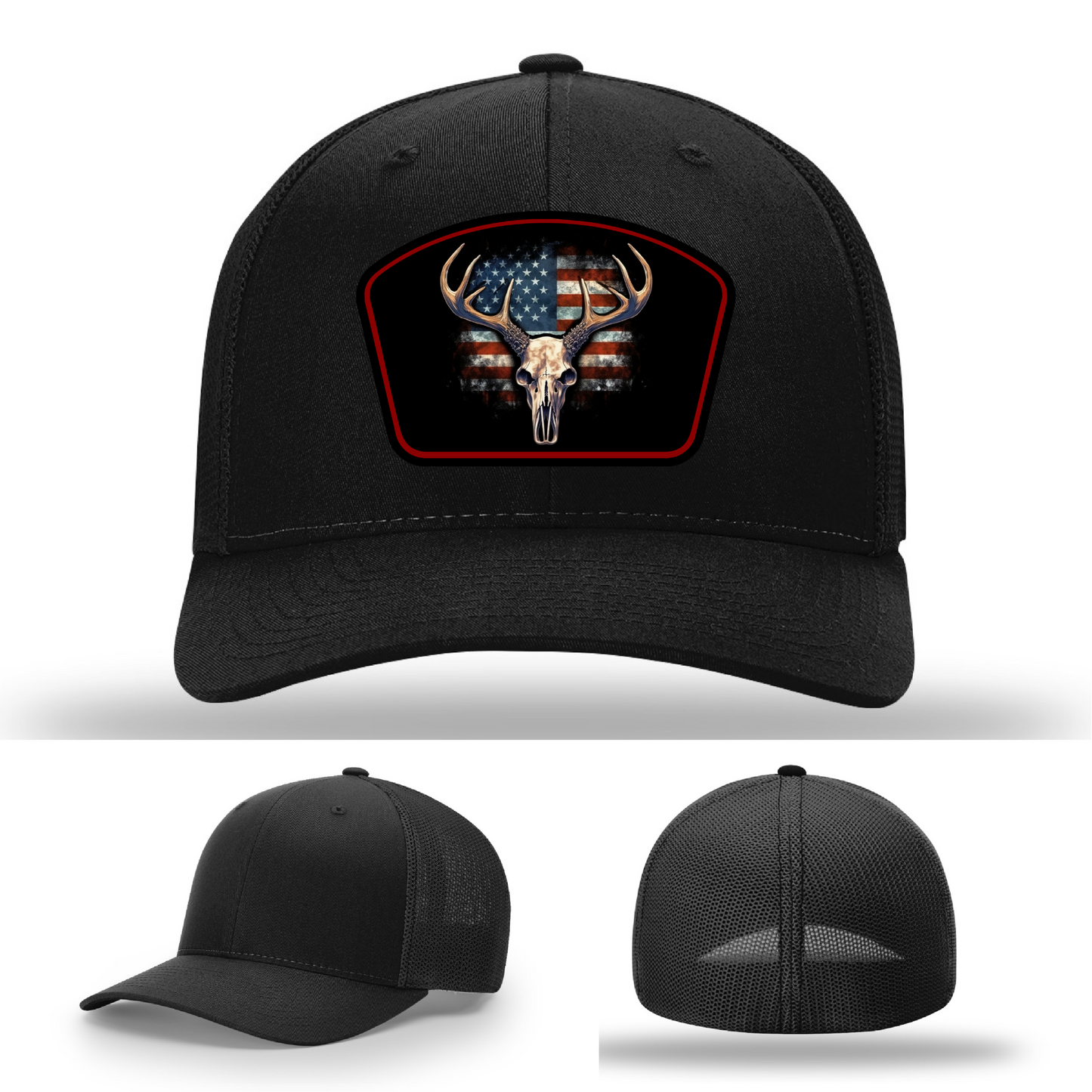 Buck skull leather patch hat logo variants – featuring patriotic American flag artwork