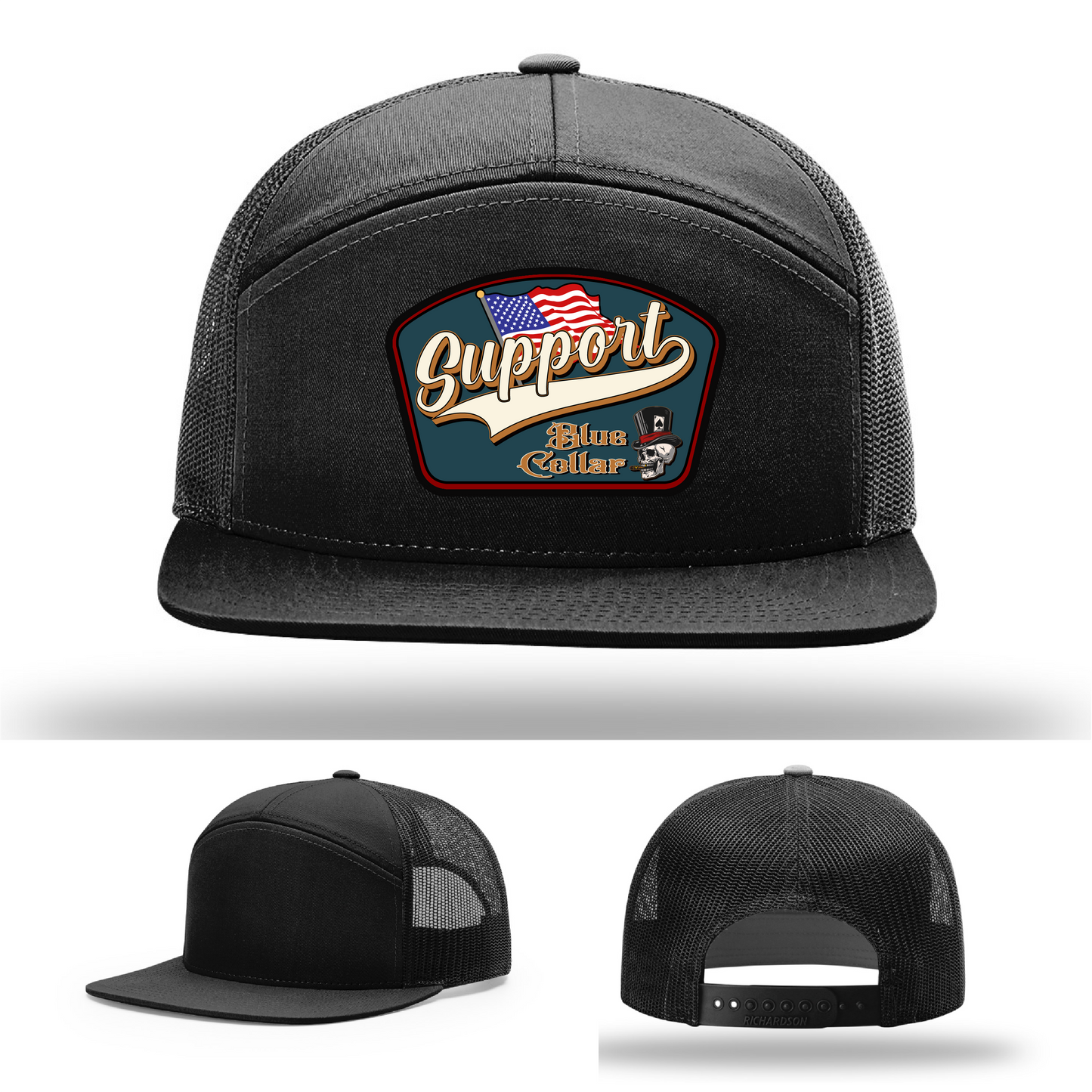 Support Blue Collar Leather Patch Hat American Flag Design