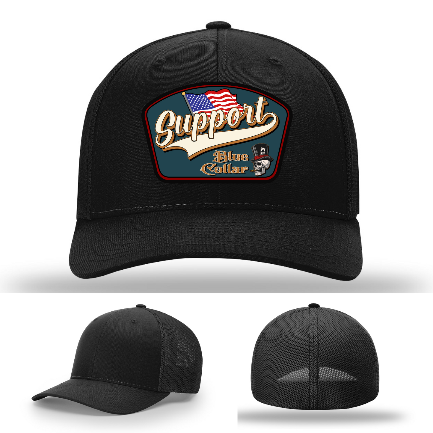 Richardson leather patch hat with 'Support Blue Collar' American flag design