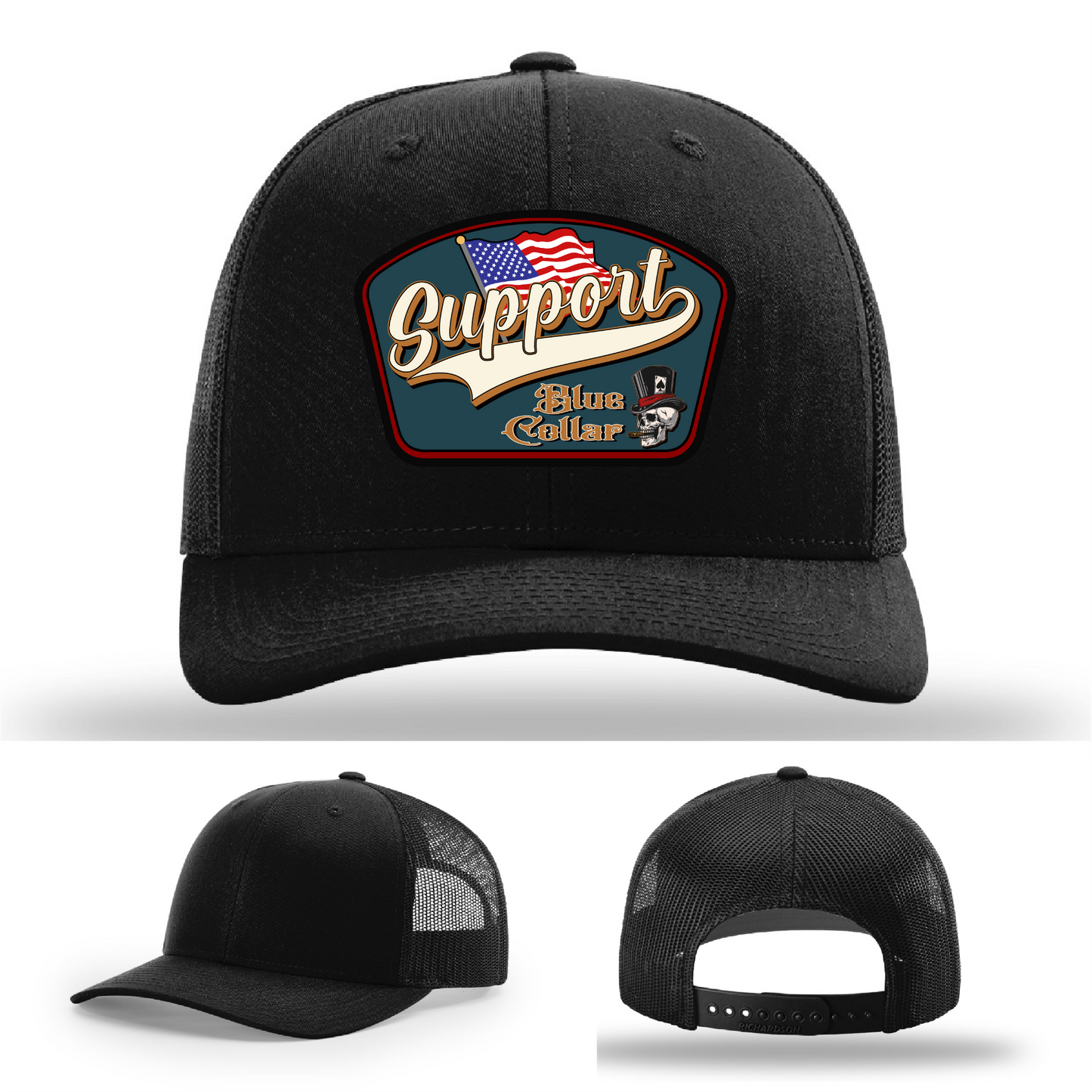 Richardson leather patch hat with 'Support Blue Collar' American flag design