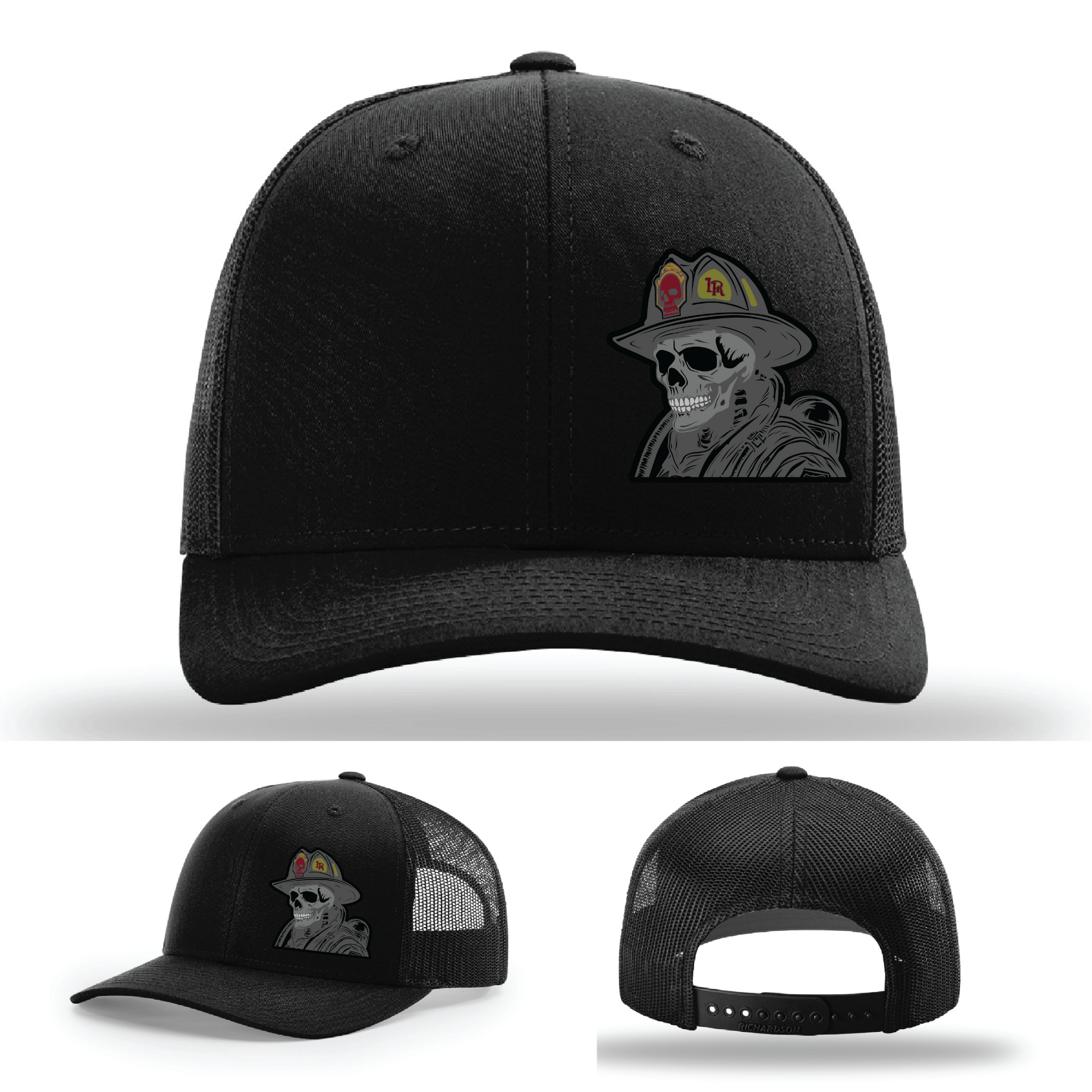Skeleton firefighter hat logo variants – displaying multiple skull helmet patch designs on Richardson hats