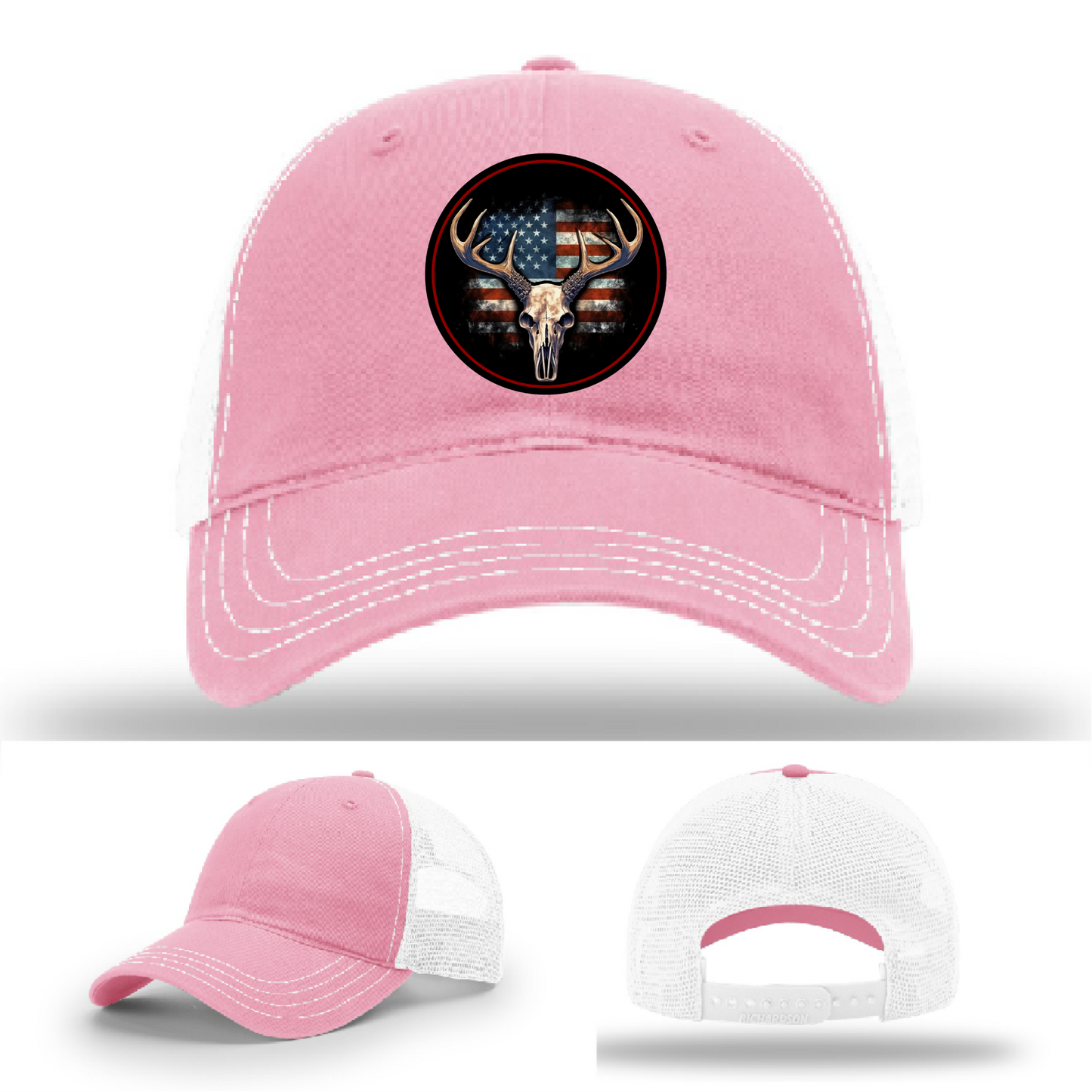 Richardson hat with leather patch featuring buck skull and rustic American flag