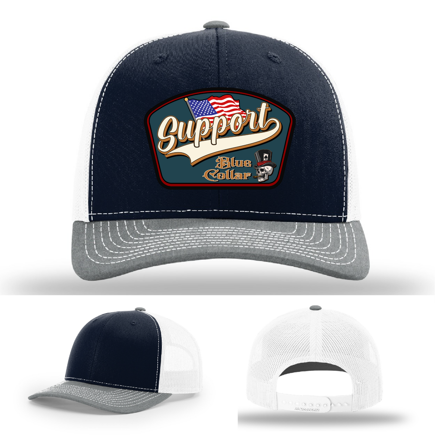 Richardson leather patch hat with 'Support Blue Collar' American flag design
