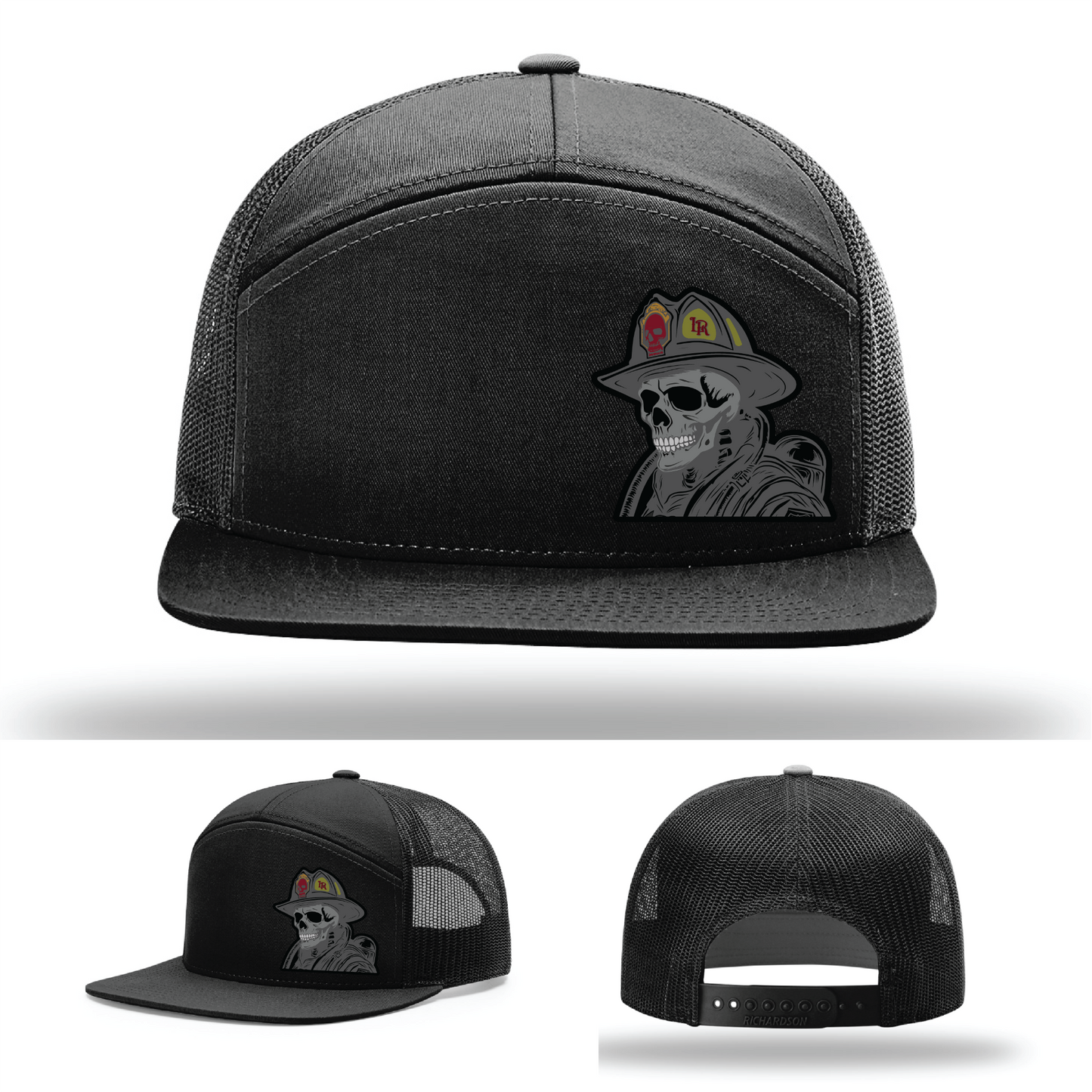 Grim firefighter logo variants – skeleton helmet patch designs on Richardson leather patch hats