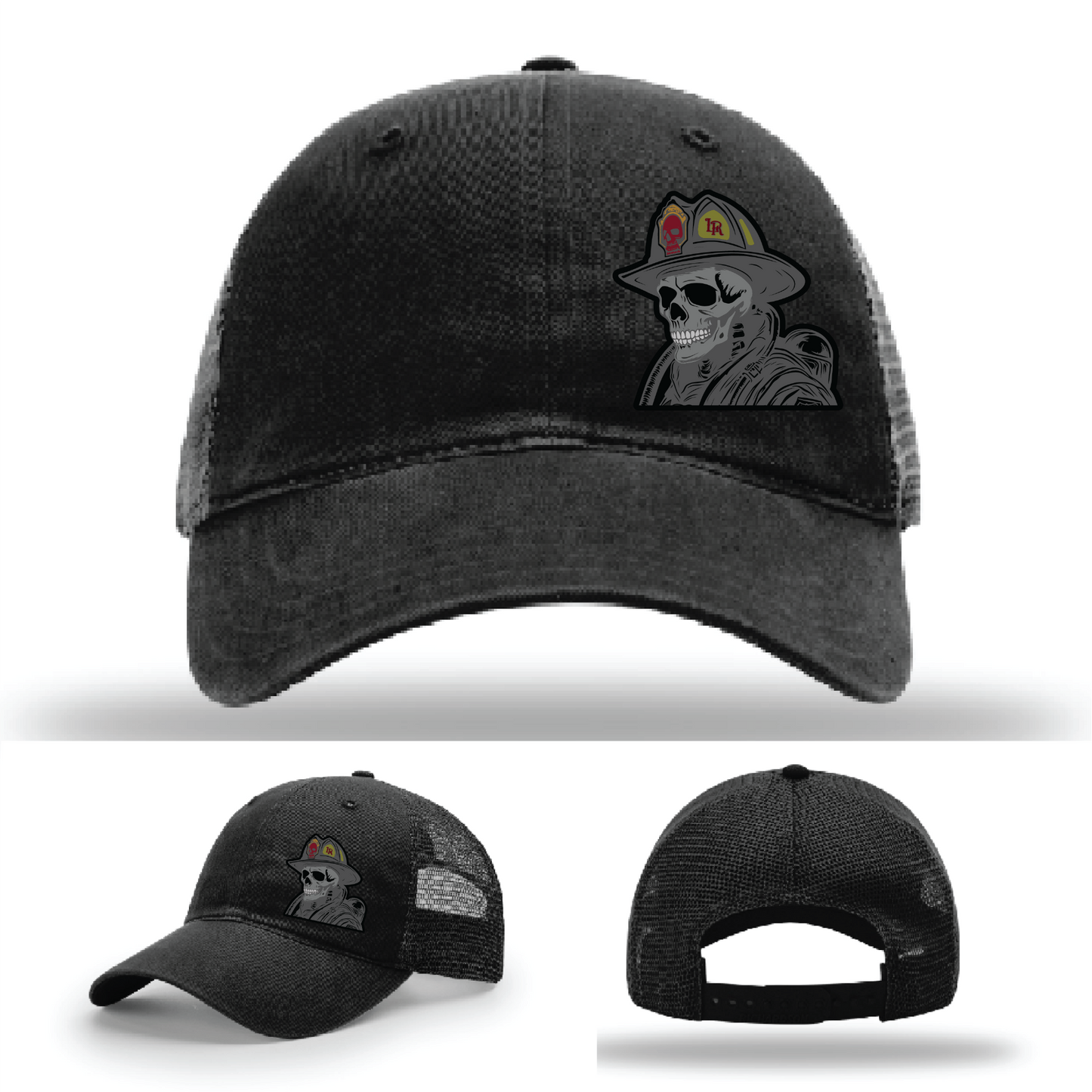 Skull fire helmet patch variations – displayed on multiple firefighter Richardson hats