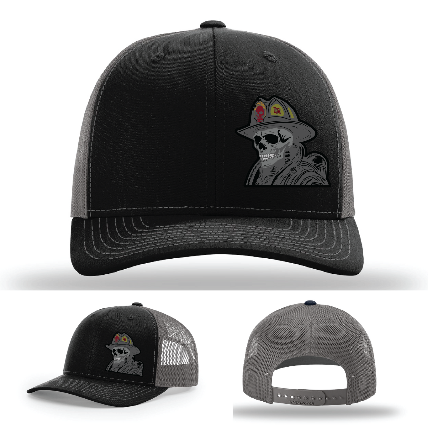 Leather patch firefighter logos – featuring skull designs on Richardson brand hats