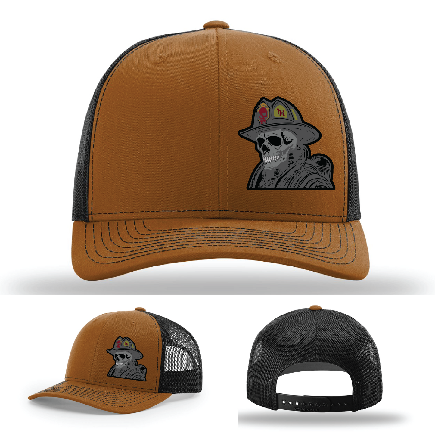 Richardson hat variants – skeleton firefighter leather patch logos on display