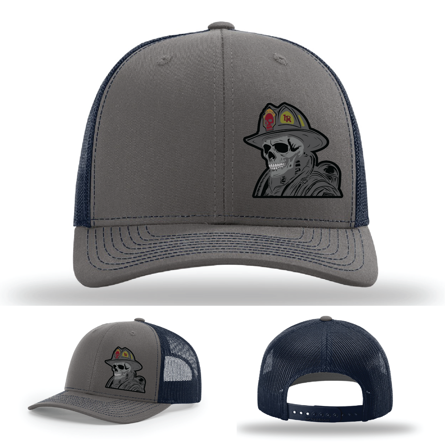 Firefighter patch variants – skull helmet leather designs on Richardson hats