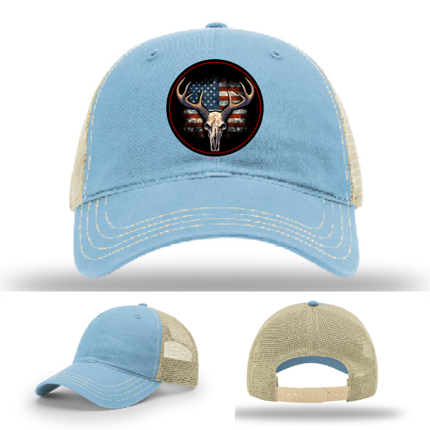 Leather patch buck skull designs β Richardson hat variants with hunting style