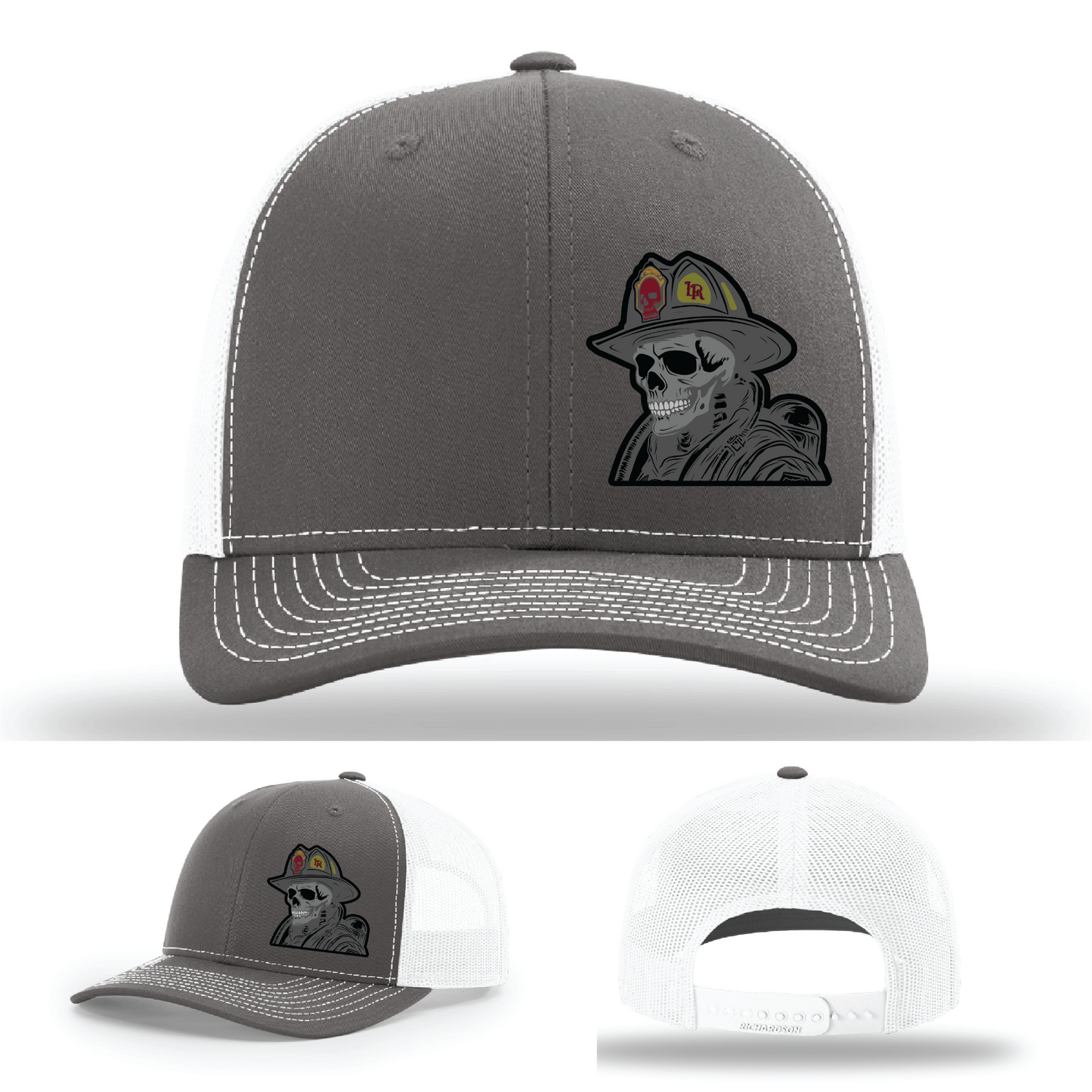 Multiple fire helmet skull patch designs – firefighter variants on Richardson gear