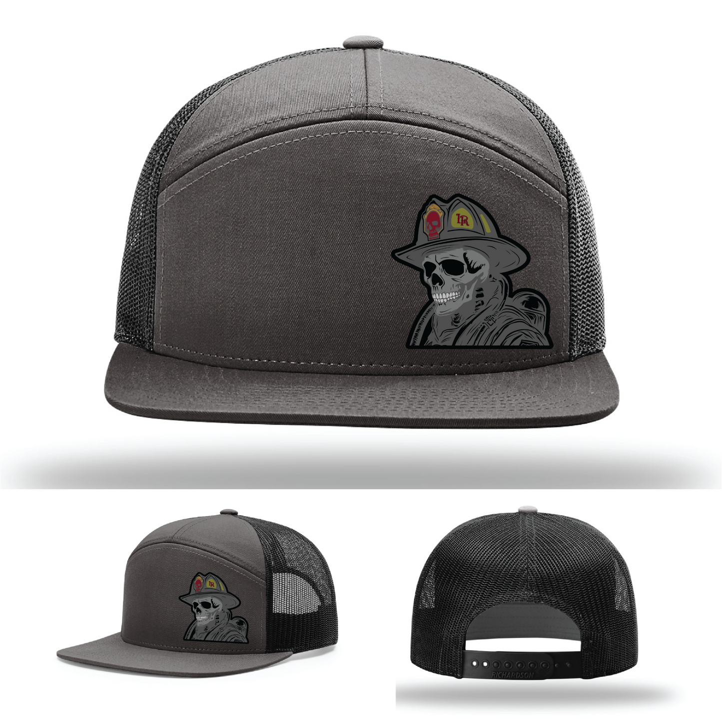 Firefighter logo patch options – leather skull helmet designs on Richardson hats