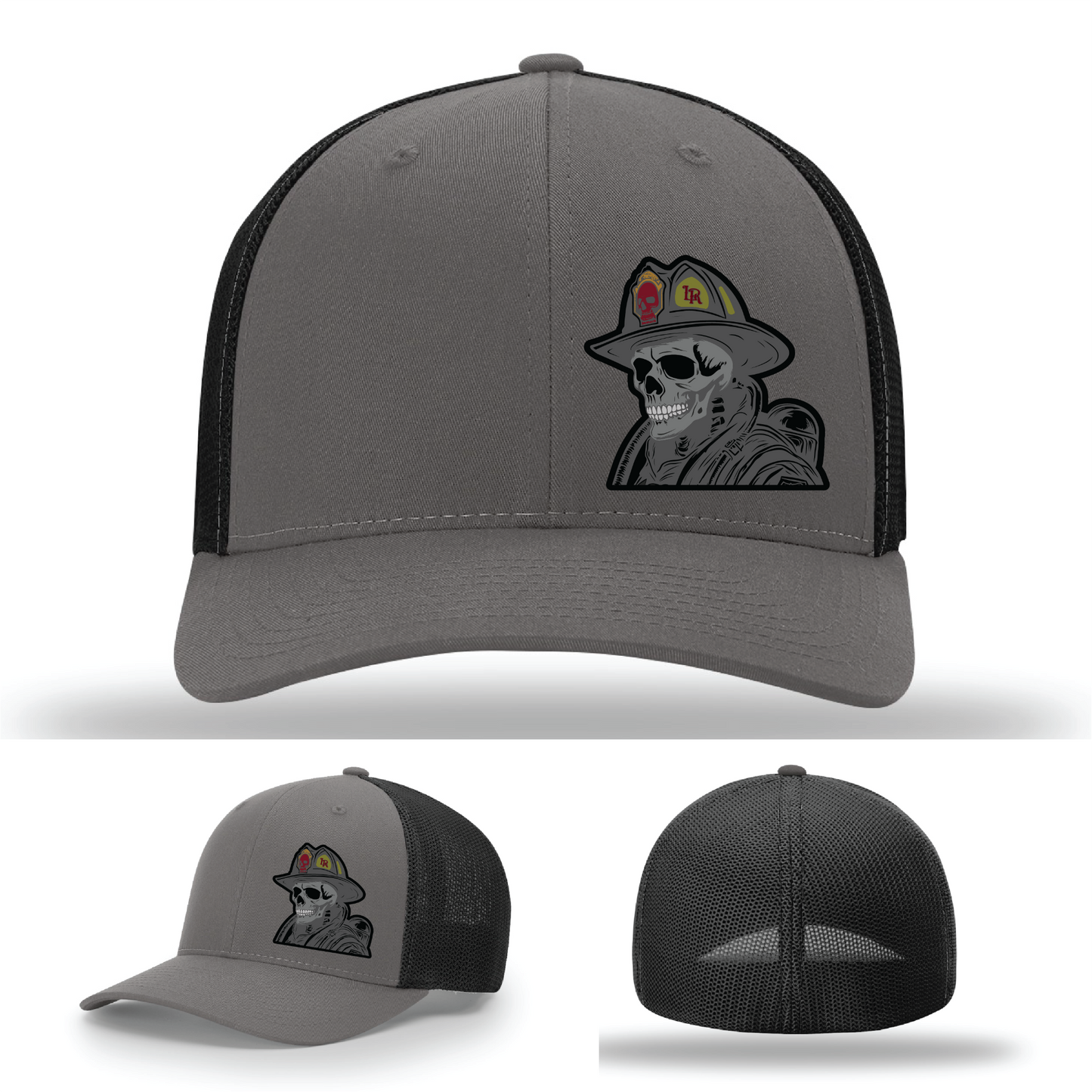 Firefighter skeleton headgear patch styles – shown on Richardson leather hats