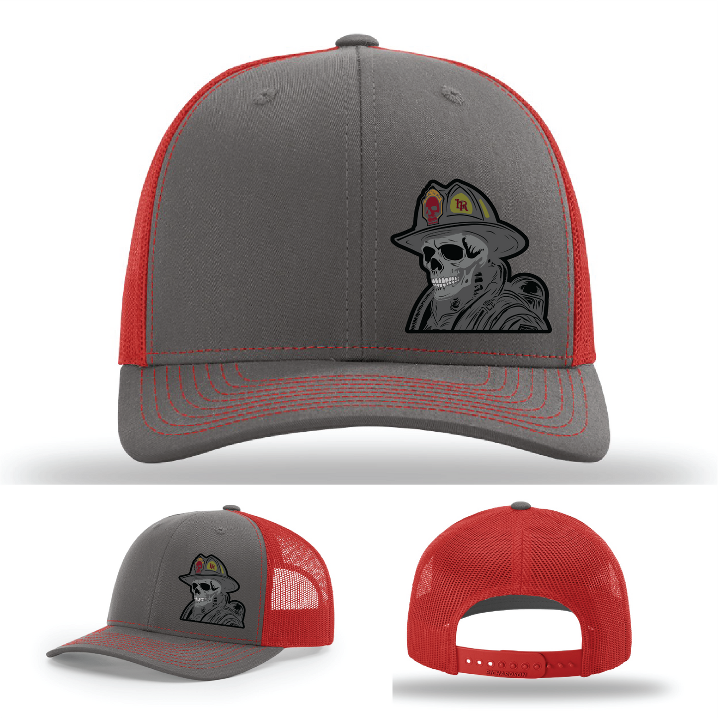 Multiple skull fire logo patches – firefighter hat variants on Richardson styles