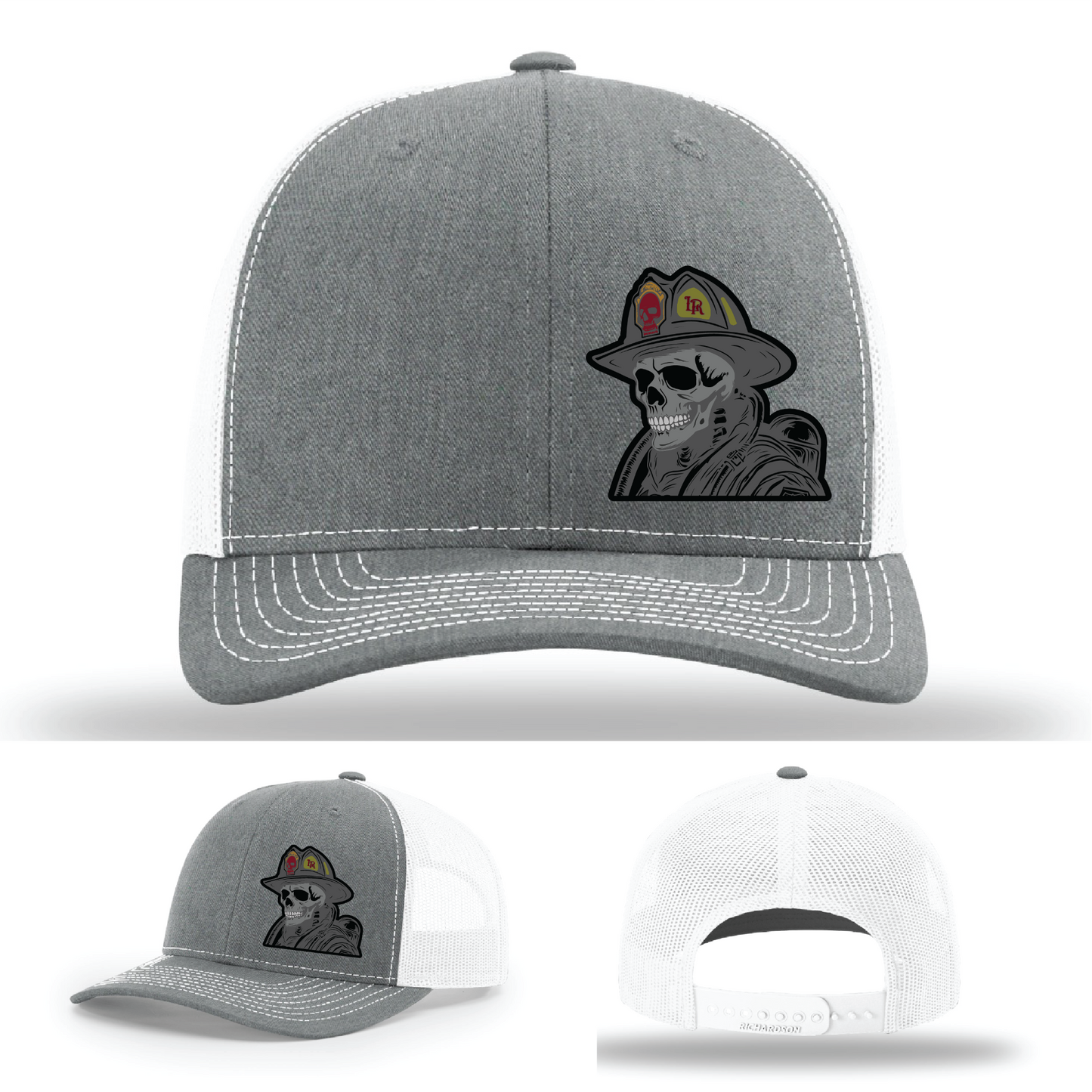 Custom firefighter skull logo patches – shown on leather Richardson hat variants