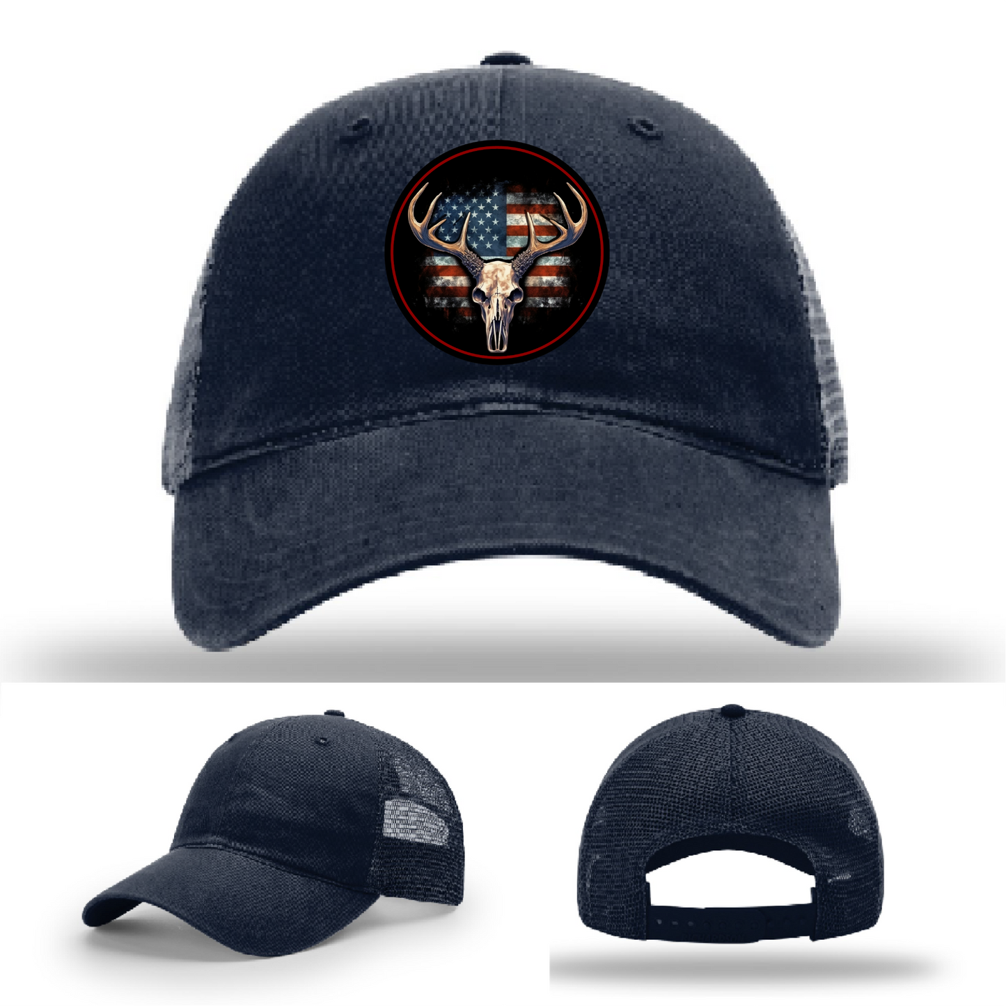 USA-themed deer skull patches β hunting leather logos on Richardson hat variants