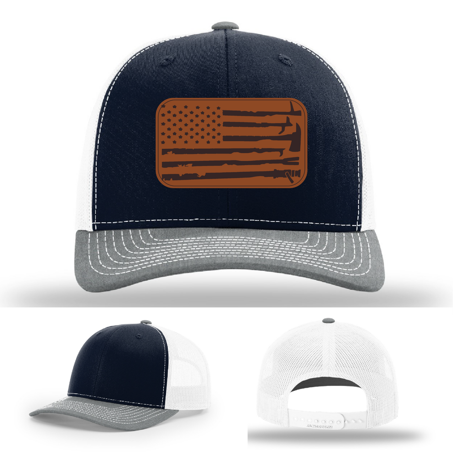 Leather patch firefighter hat – Richardson hat with fire tool American flag design