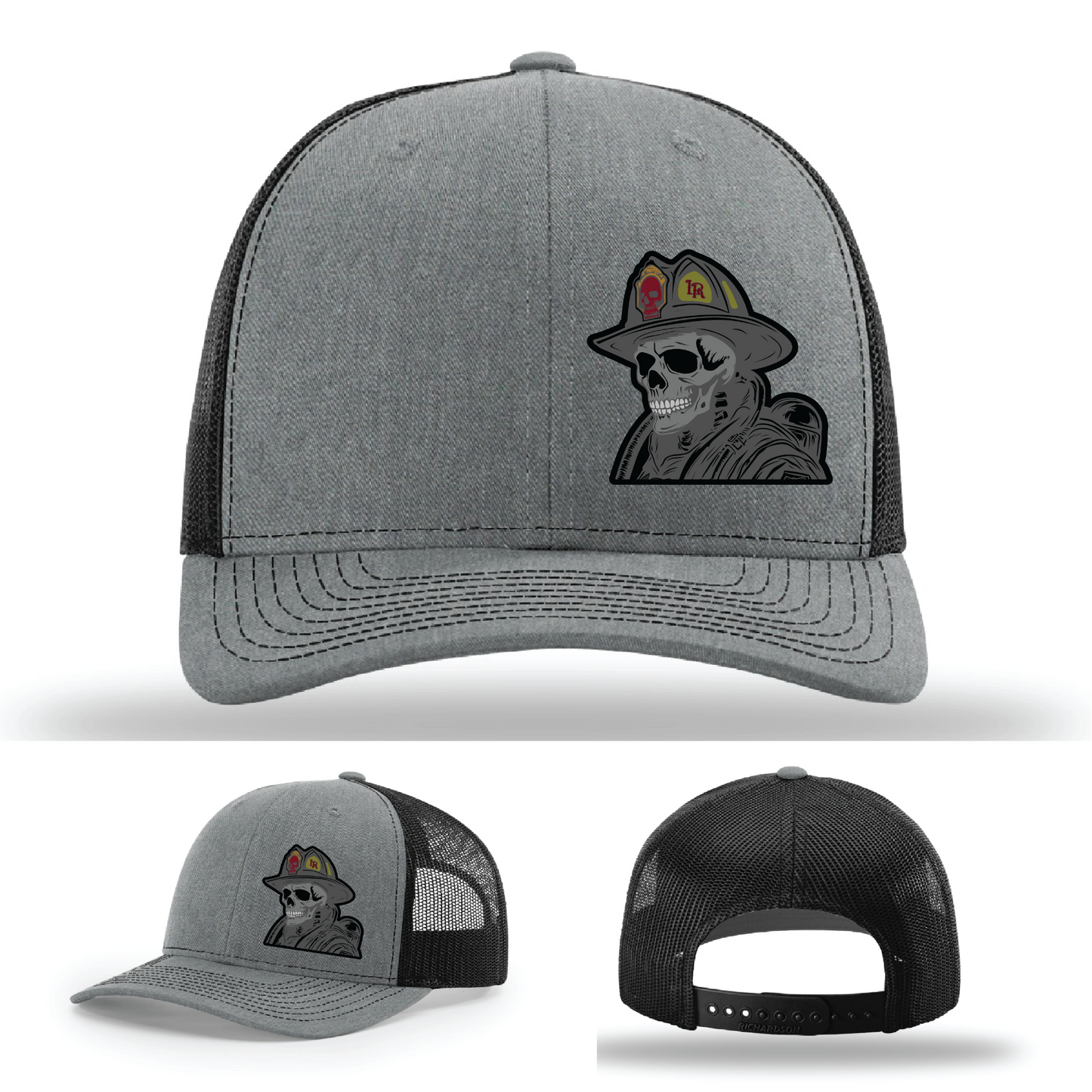 Richardson hat patch variants – custom skull firefighter leather logos displayed