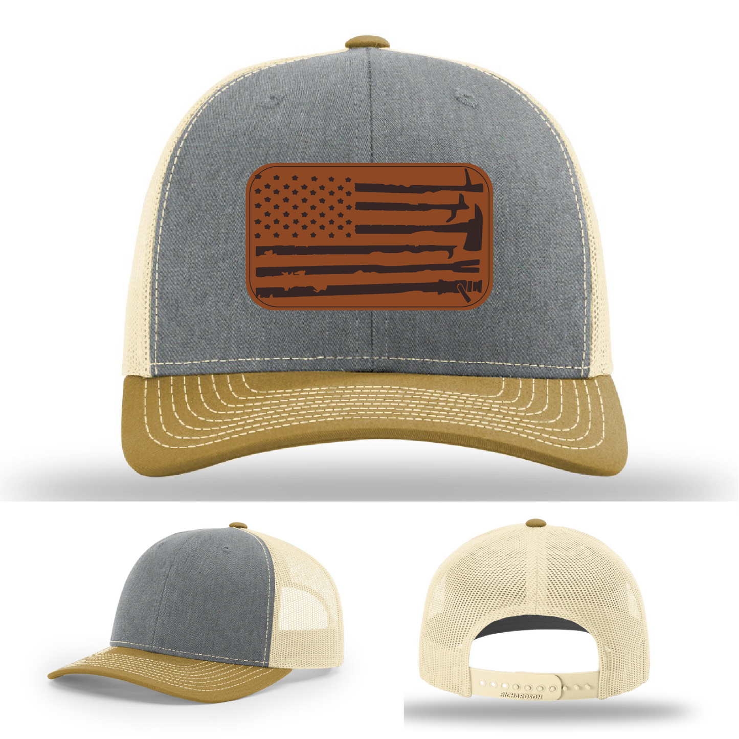 Leather patch firefighter hat – Richardson hat with fire tool American flag design