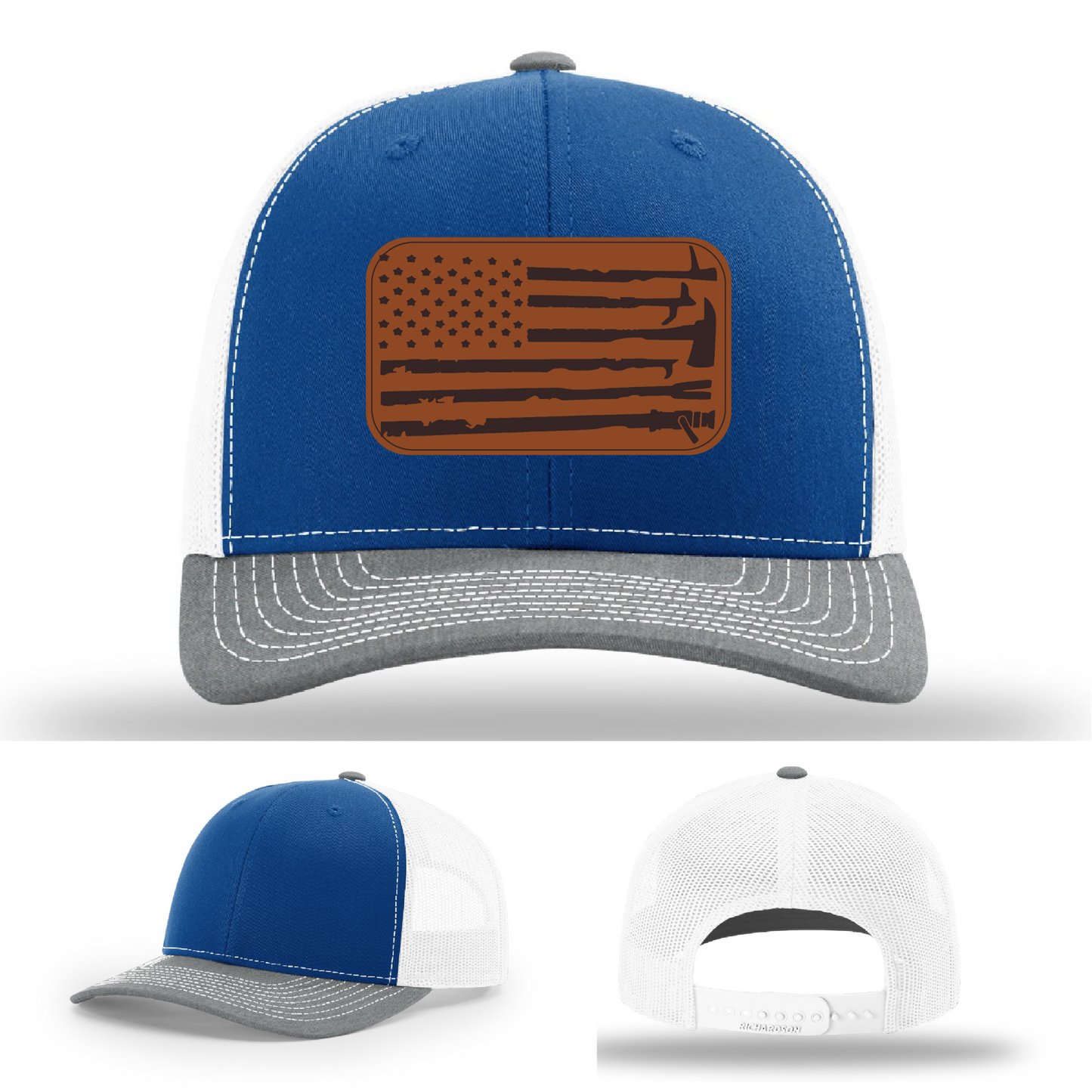 Leather patch firefighter hat – Richardson hat with fire tool American flag design
