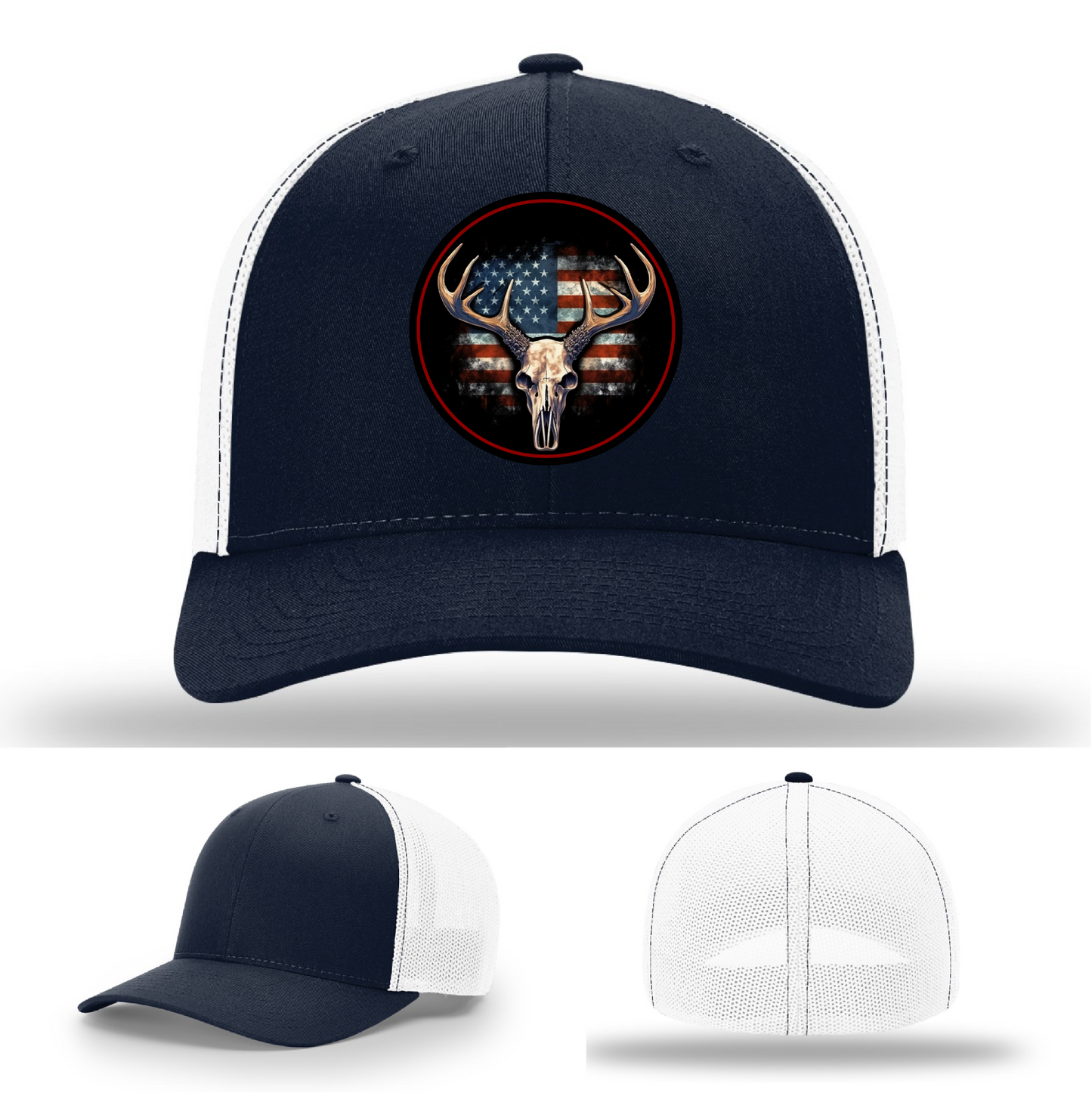Patriotic buck skull leather patches β hunting logo variants on Richardson hats