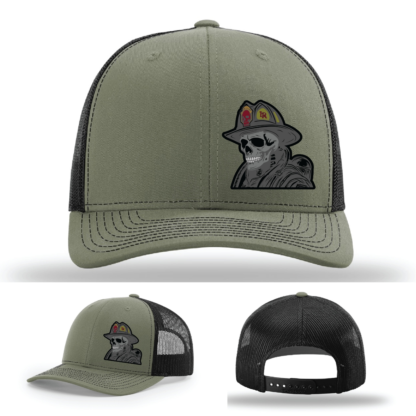 Leather skull patch logos – firefighter helmet themes on Richardson hats