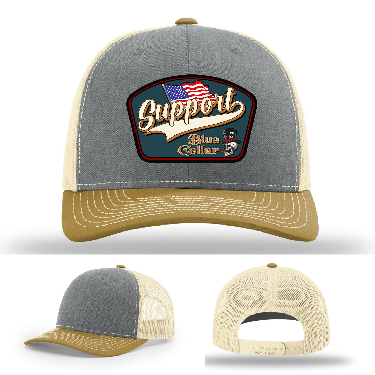 Richardson leather patch hat with 'Support Blue Collar' American flag design