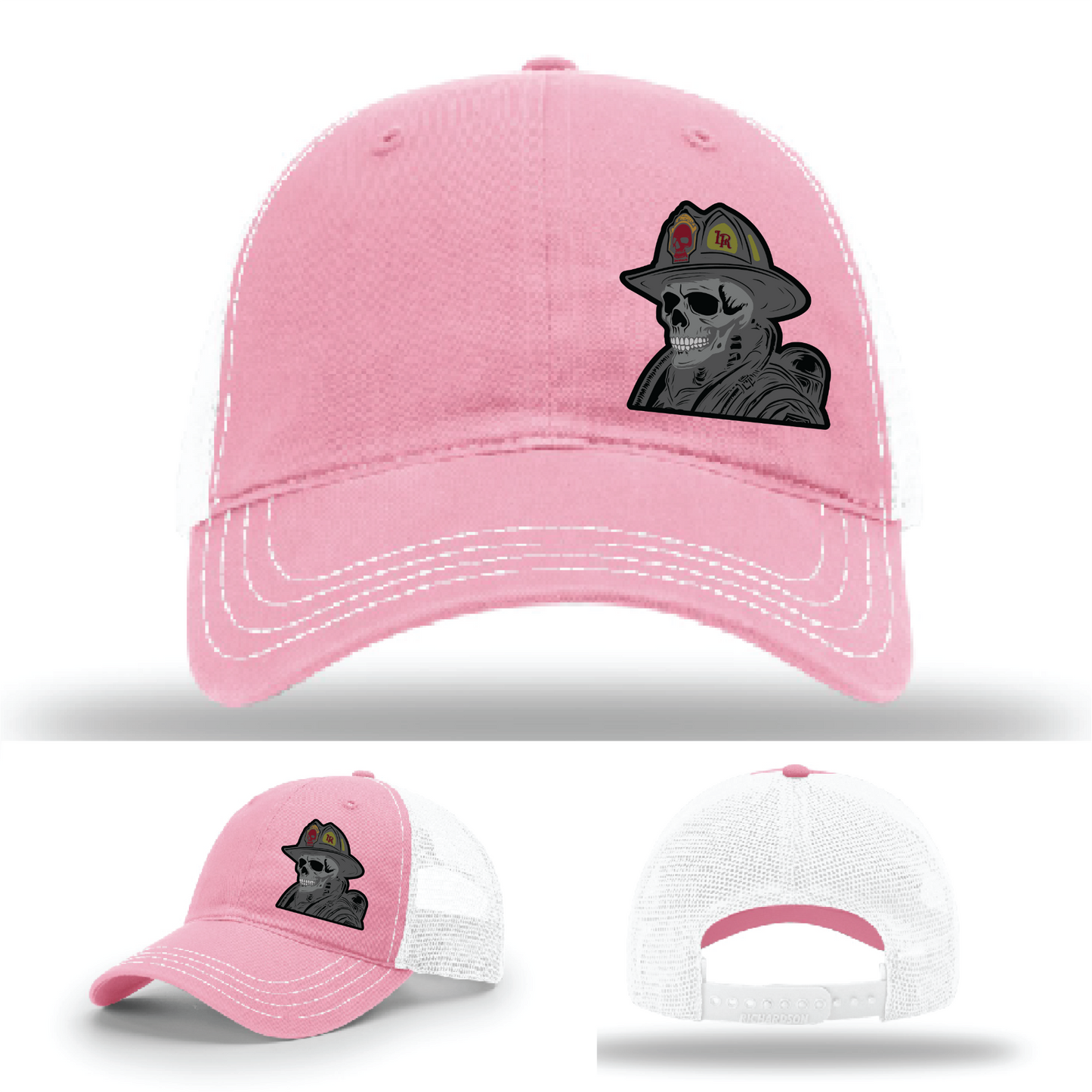 Fire helmet patch styles – skull logo leather variants on Richardson hats