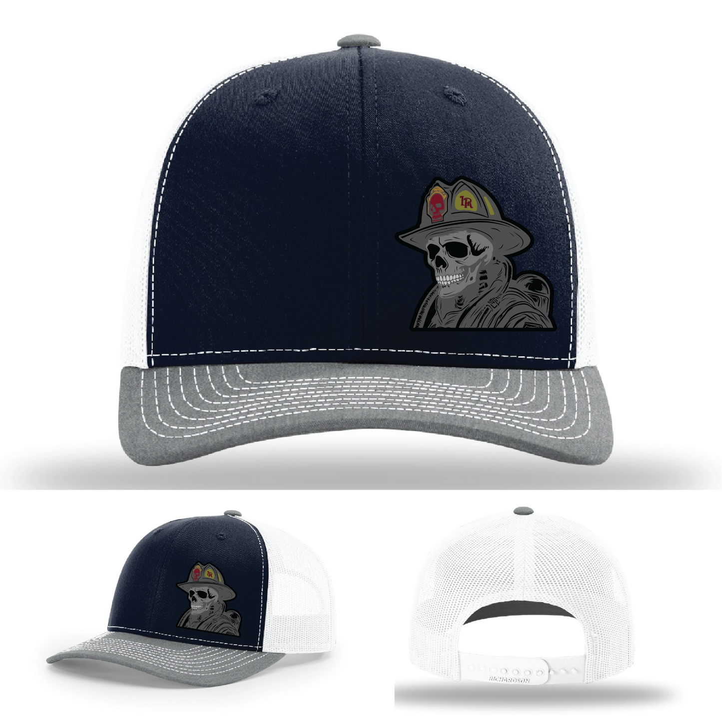 Skull helmet firefighter patch variants – shown on Richardson leather hats
