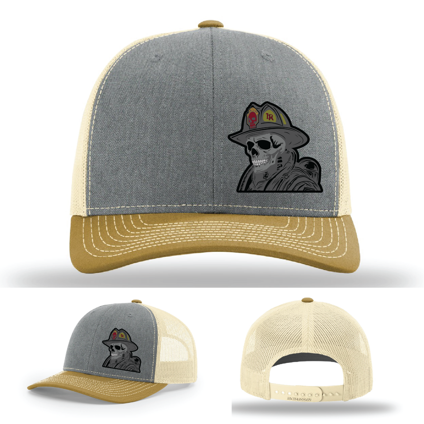 Firefighter leather patch logo variants – skull helmet style on Richardson