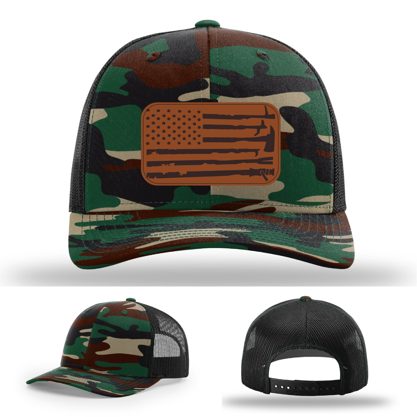 Leather patch firefighter hat – Richardson cap with fire tool American flag design