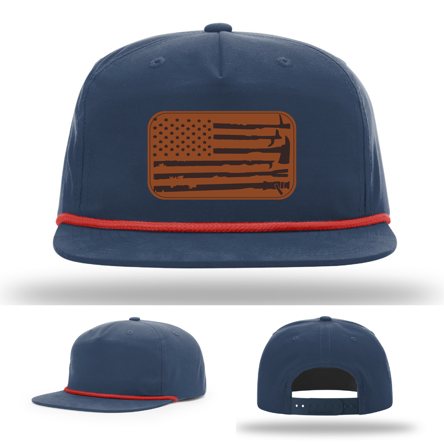 Leather patch firefighter hat – Richardson cap with fire tool American flag design