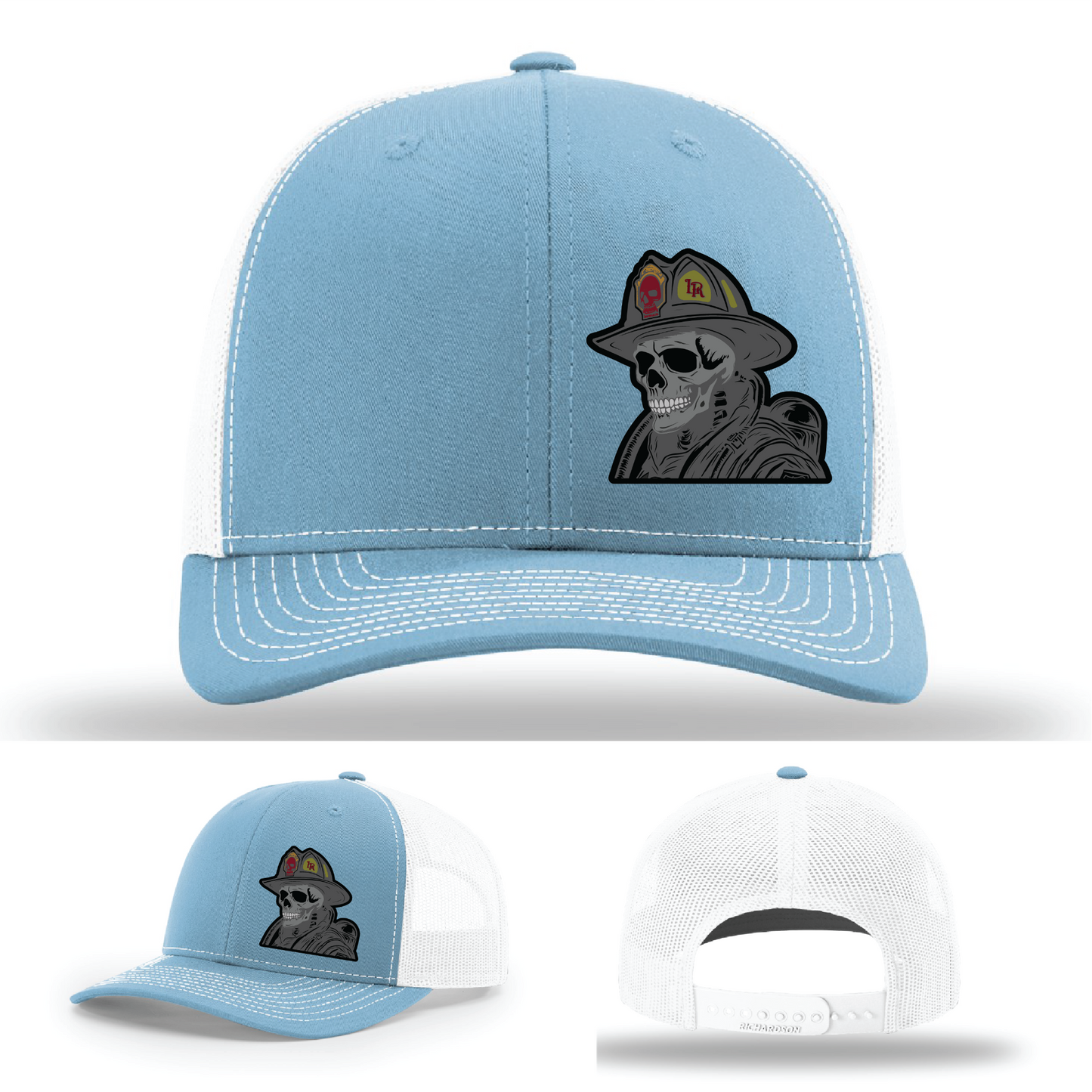 Leather firefighter skull designs – helmet patch variants on Richardson hats