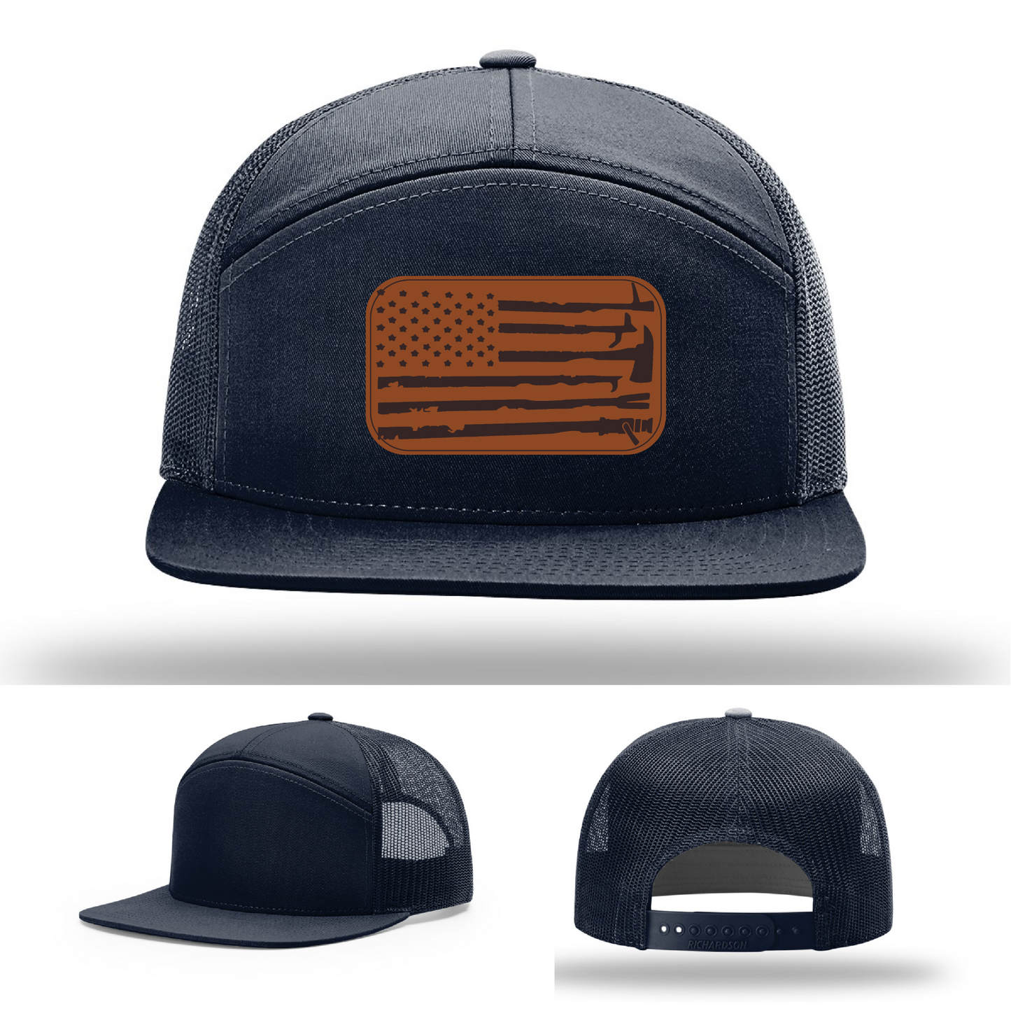 Leather patch firefighter hat – Richardson cap with fire tool American flag design